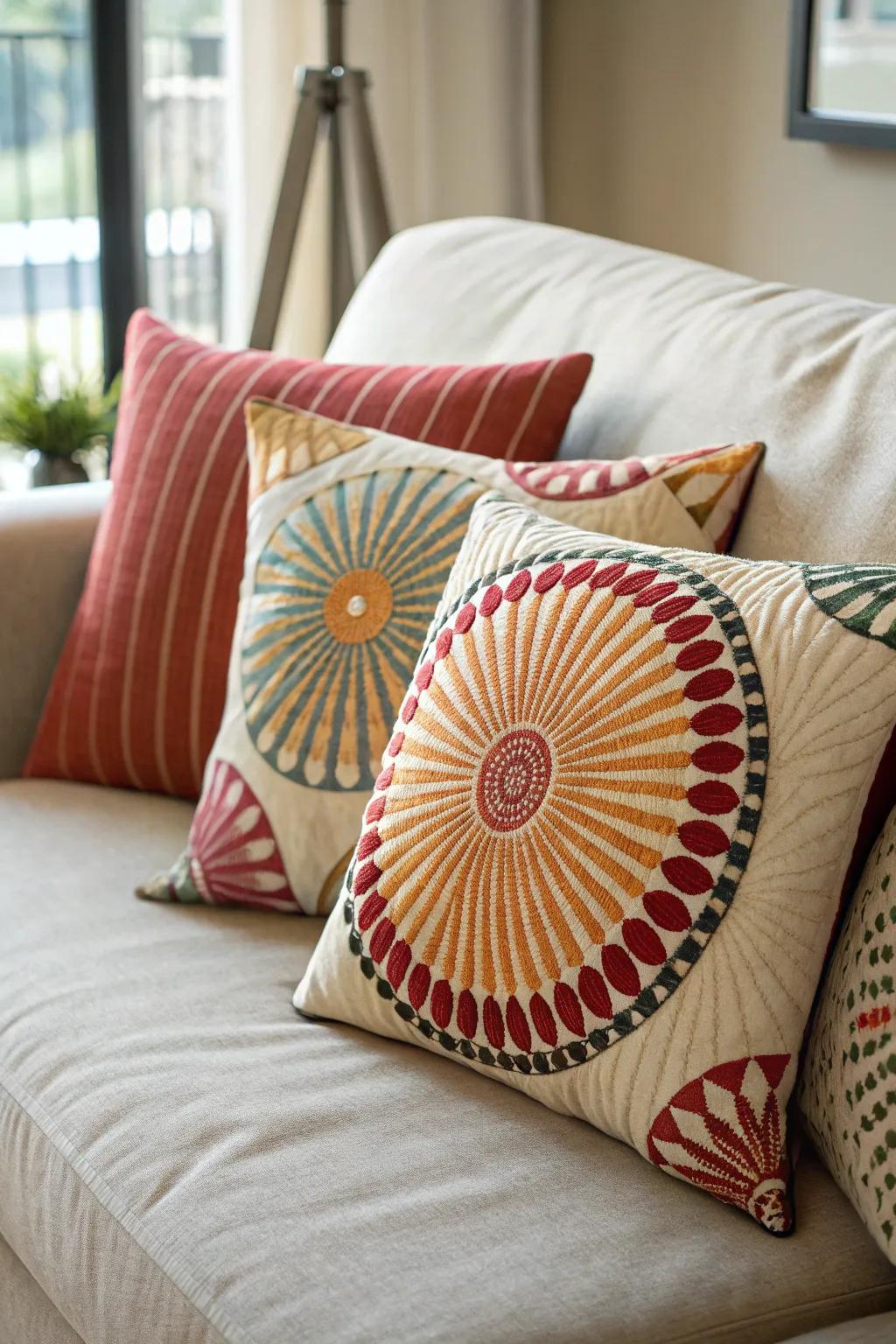 A comfortable sofa adorned with cushions showcasing radial design patterns.