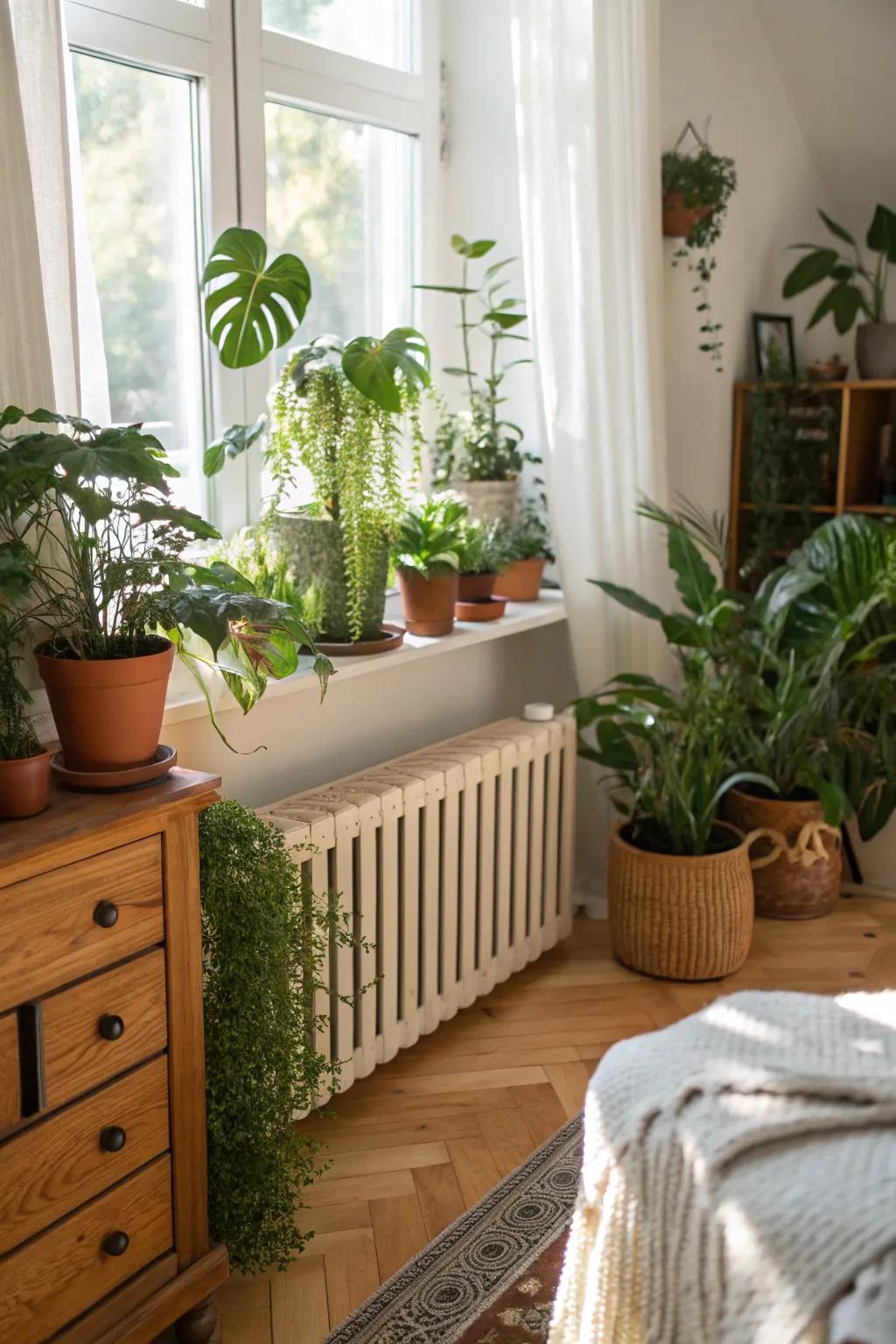 Potted plants on a radiator shield bring a fresh, natural vibe to the space.