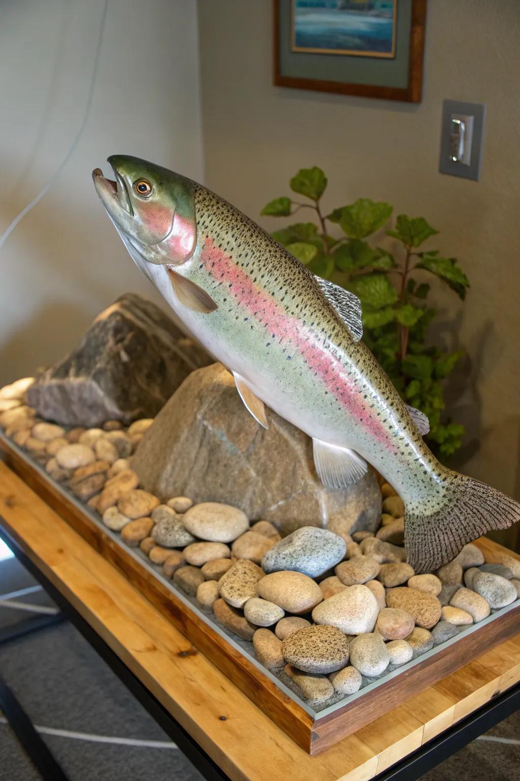 Unspoiled stones enhance the authenticity of the rainbow trout mount.