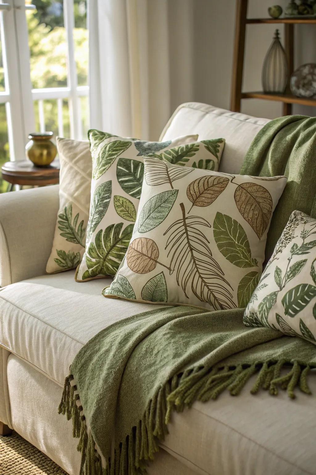 Leafy textiles add comfort and cohesiveness to your decor.