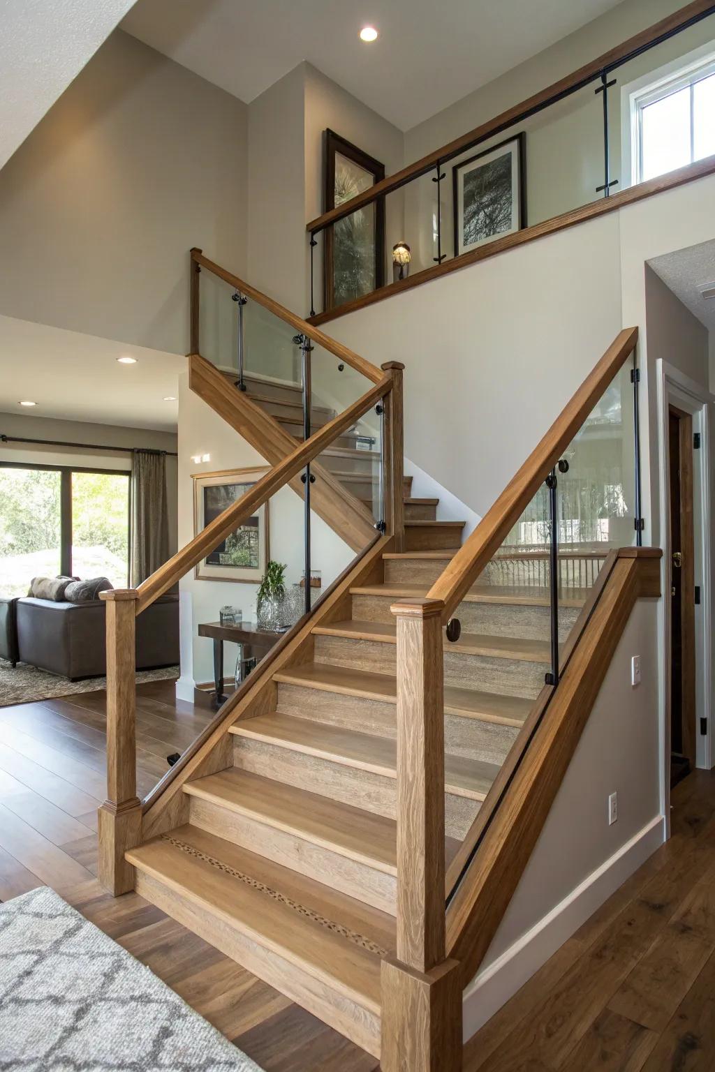 Open railings give the entryway staircase a more spacious feel.