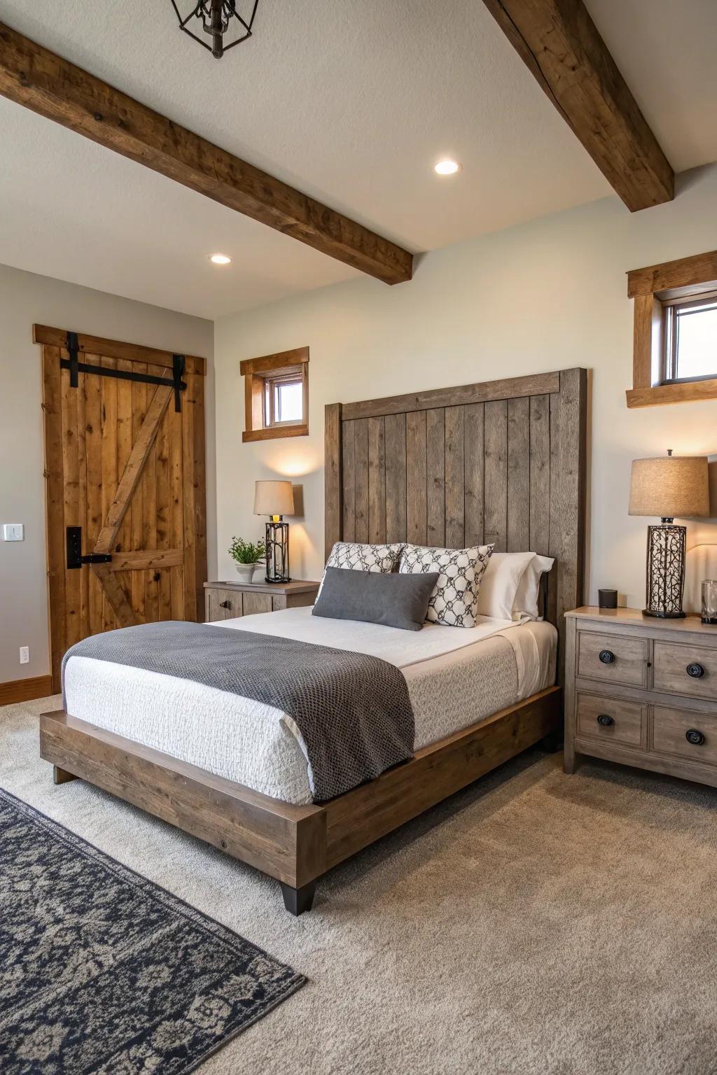 A bedroom combining modern and timeless rustic elements for a harmonious design.