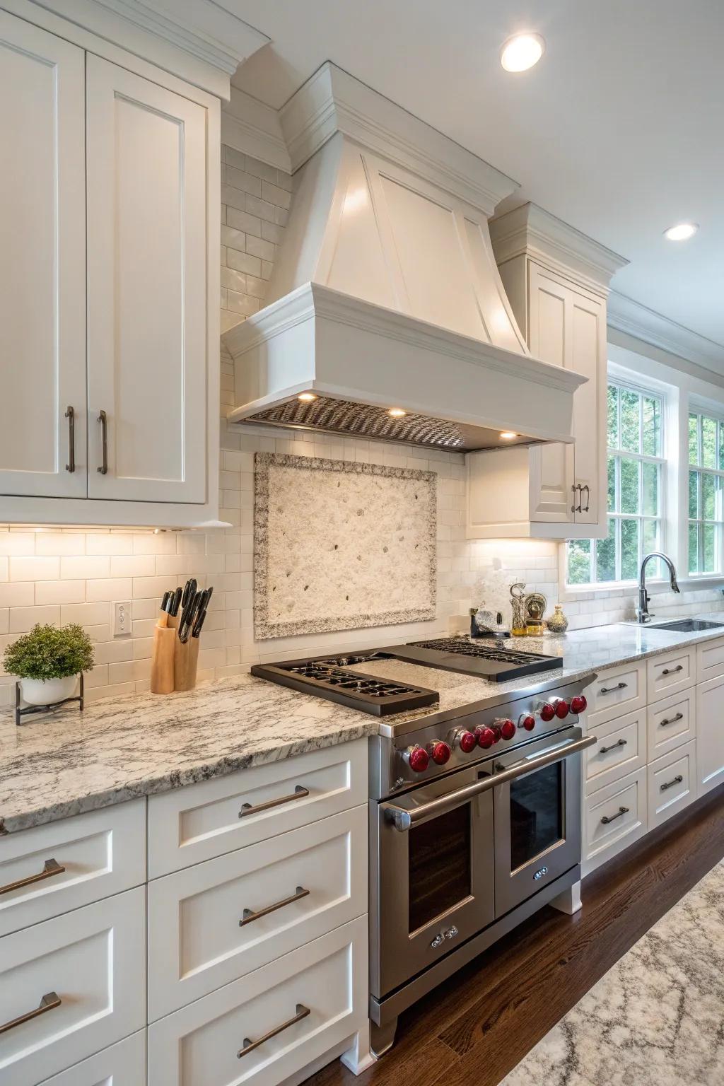 Kitchen with a seamless backsplash that flows over the range hood for a cohesive look.