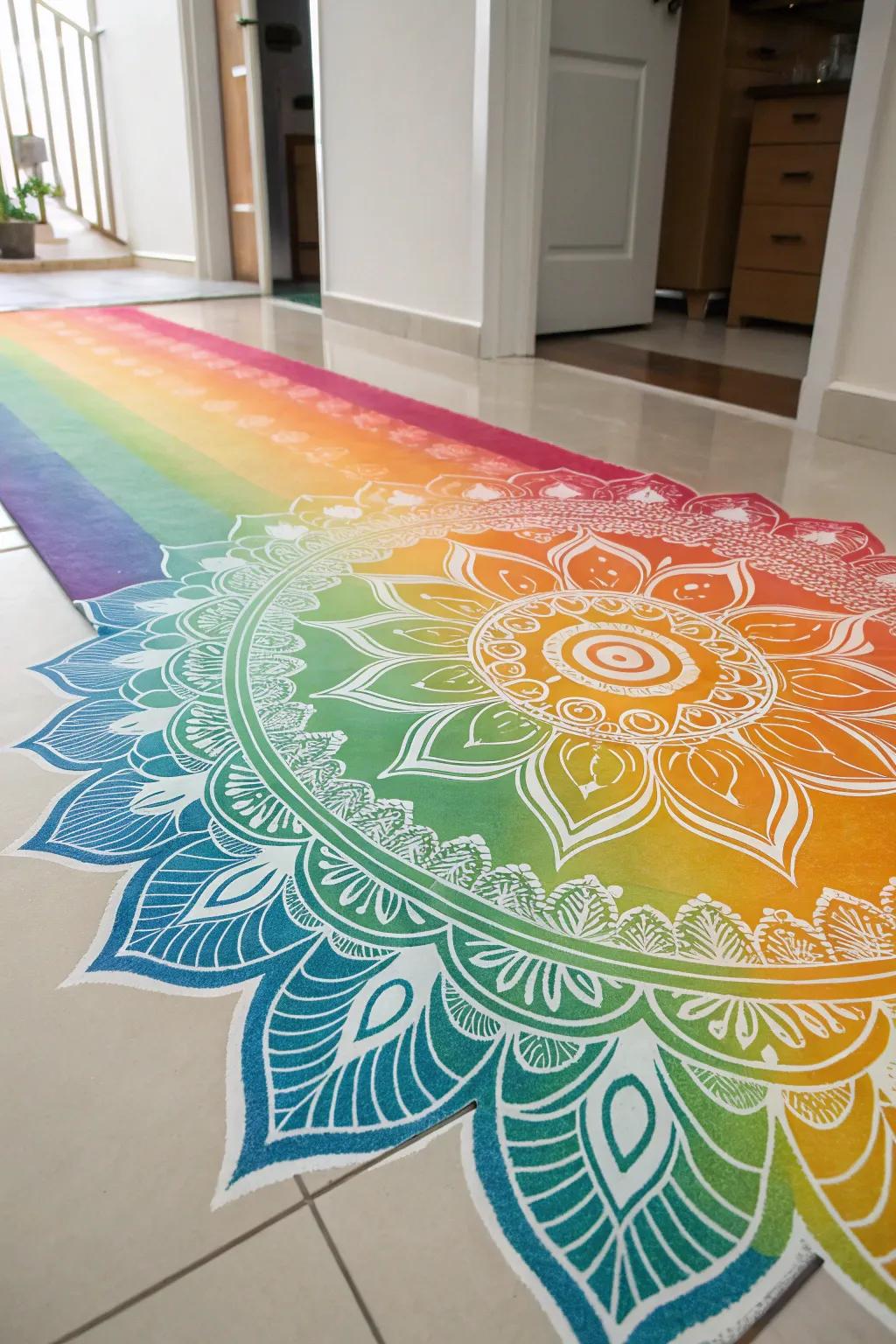 The gradient effect introduces a stunning transition and depth to this rangoli.