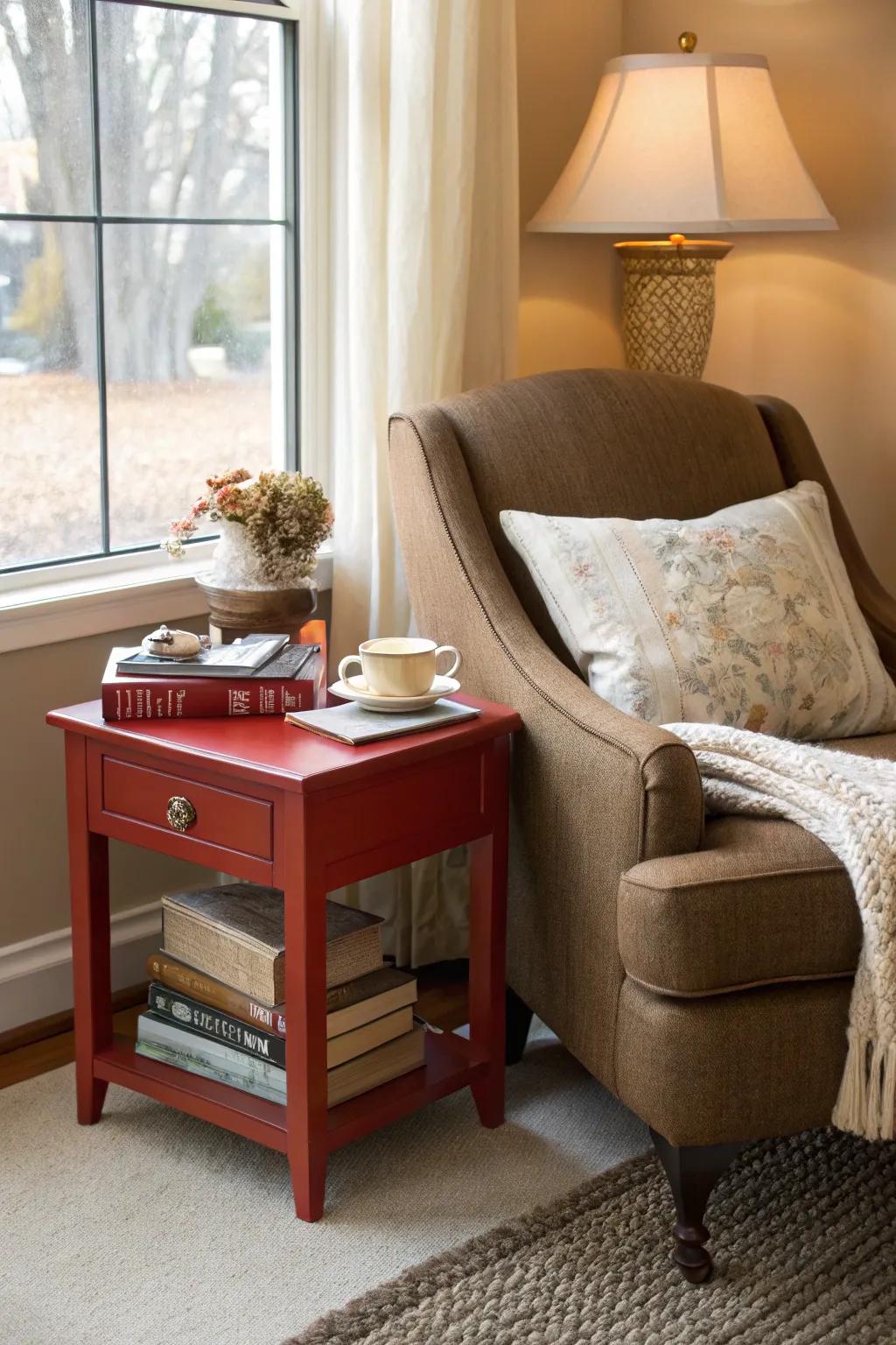 A reading nook with crimson and chocolate elements encourages relaxation.