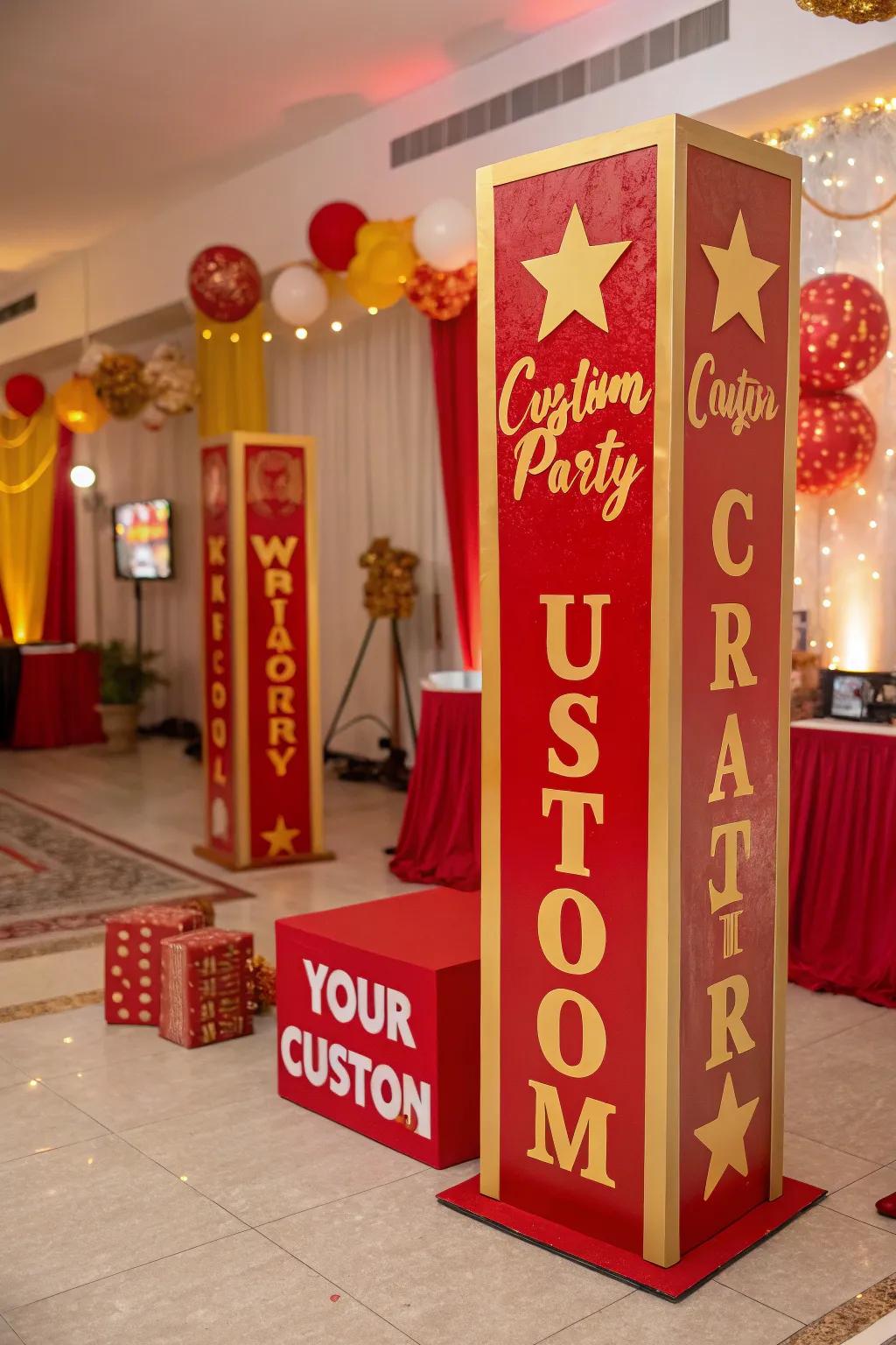 Theme-based signage adds a personalized touch to your party decor.