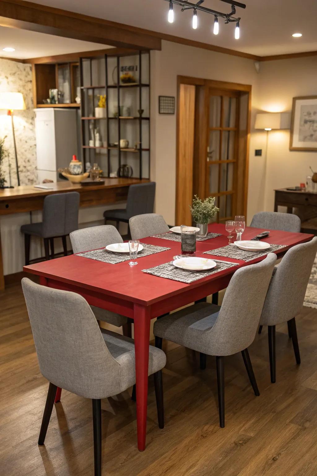 A dining chamber presenting a scarlet surface and ash perches.