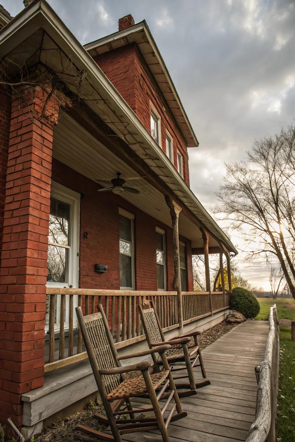 Quaint gliding seats are perfect for enjoying a peaceful moment on a red brick porch.