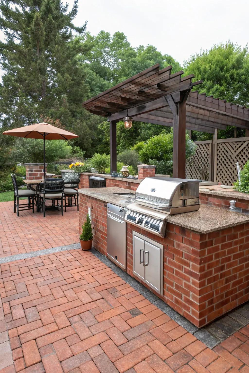 A red brick patio featuring a stylish open-air kitchen setup
