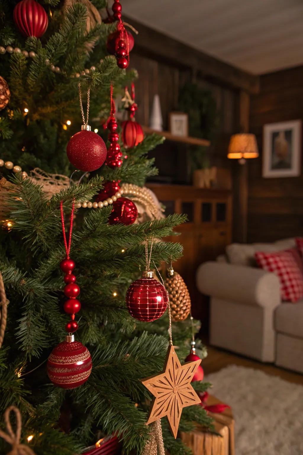 Nature-inspired Christmas tree featuring scarlet wooden decorations