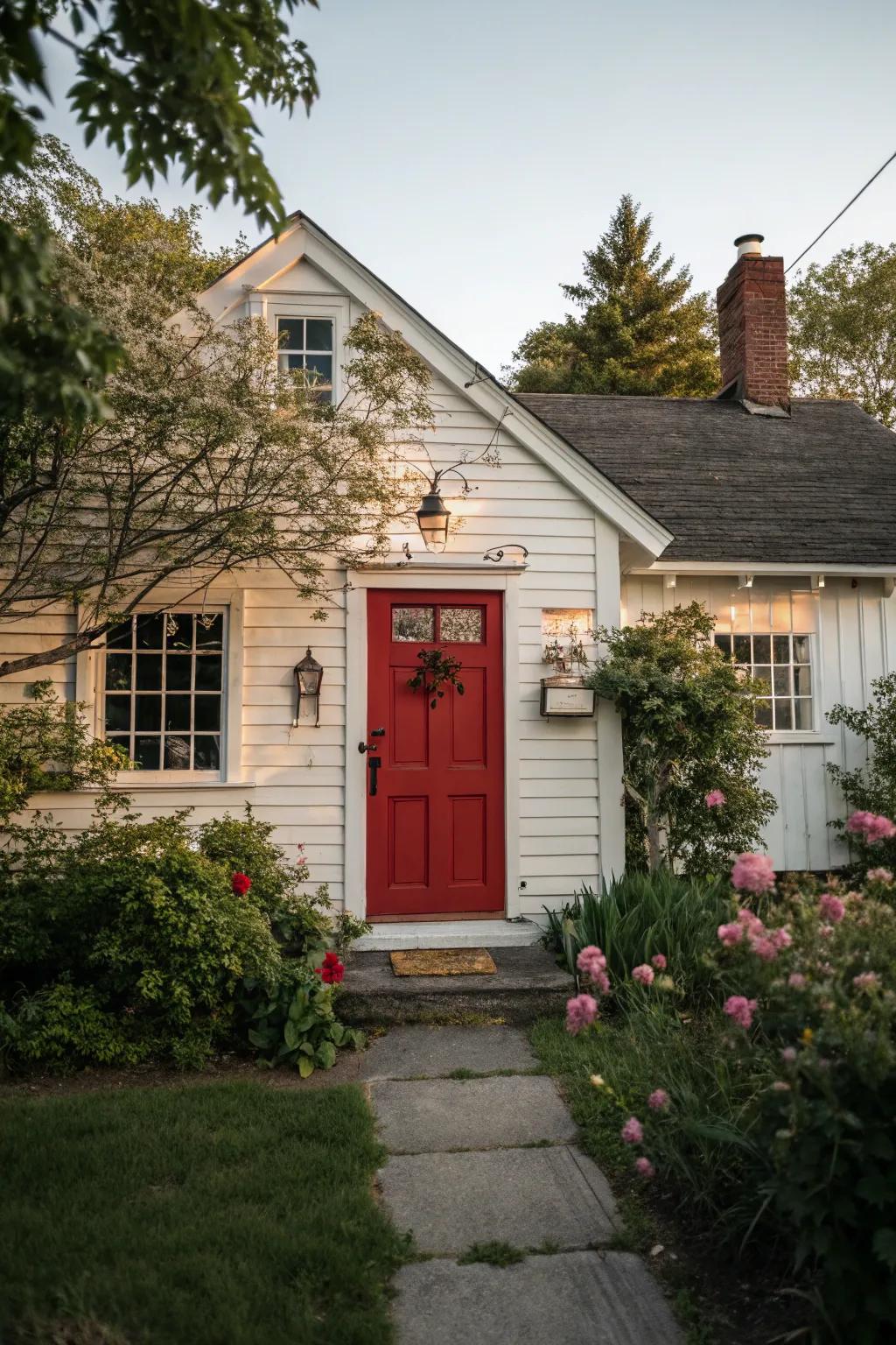 Charming cottage with a red door and vintage accents.