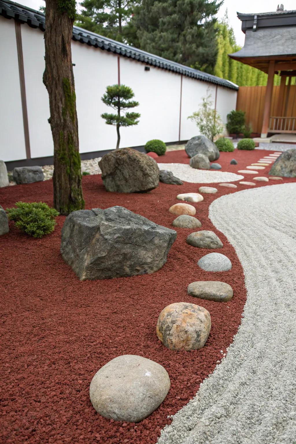 Scarlet igneous stones bestow a tranquil, minimalist ambiance upon this contemplative sanctuary.