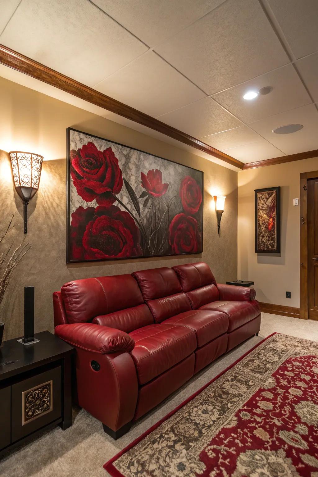 Impressive wall decor can make your crimson hide lounge the centerpiece of your room.