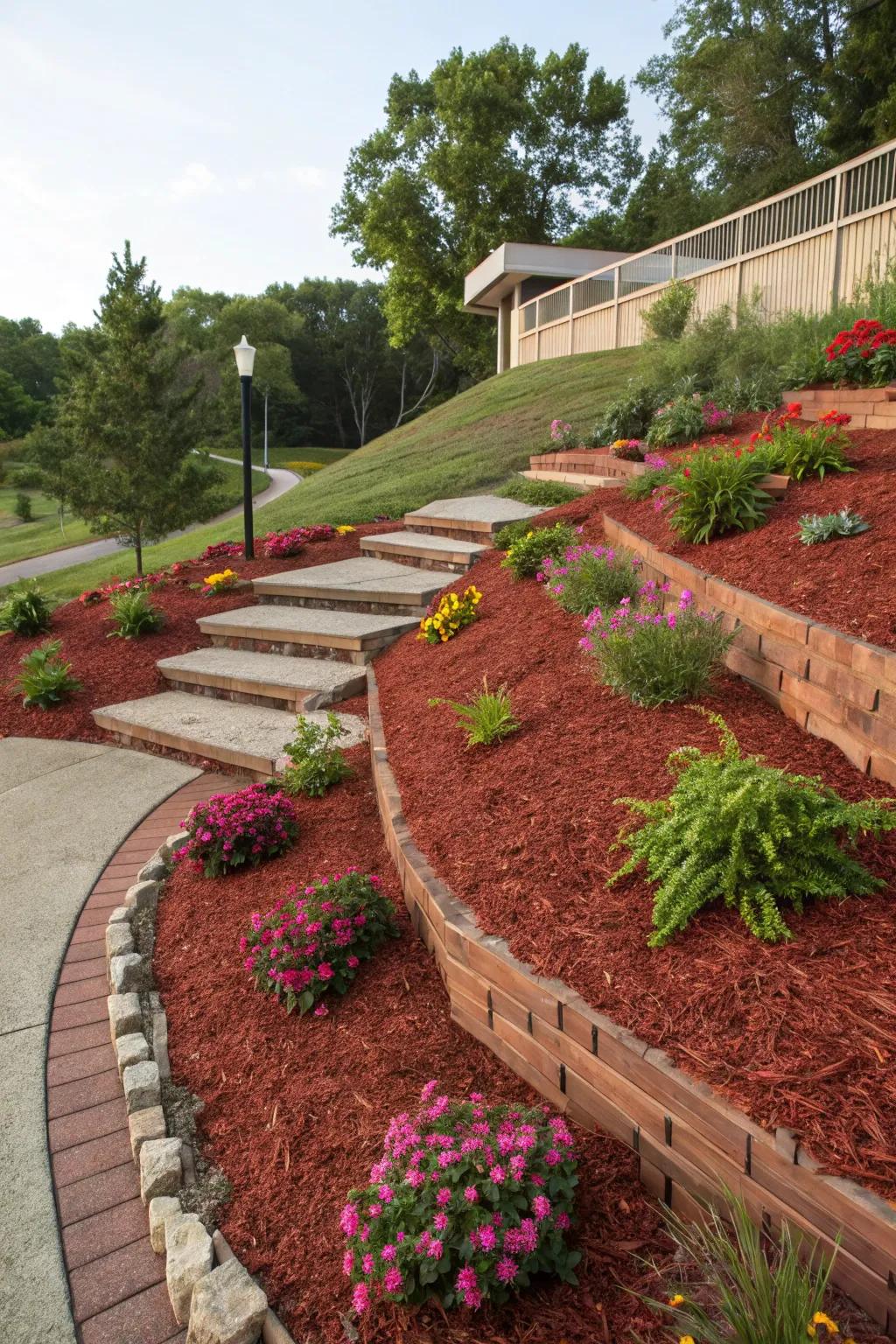 Scarlet ground cover on inclines regulates degradation and contributes a vibrant garden feature.
