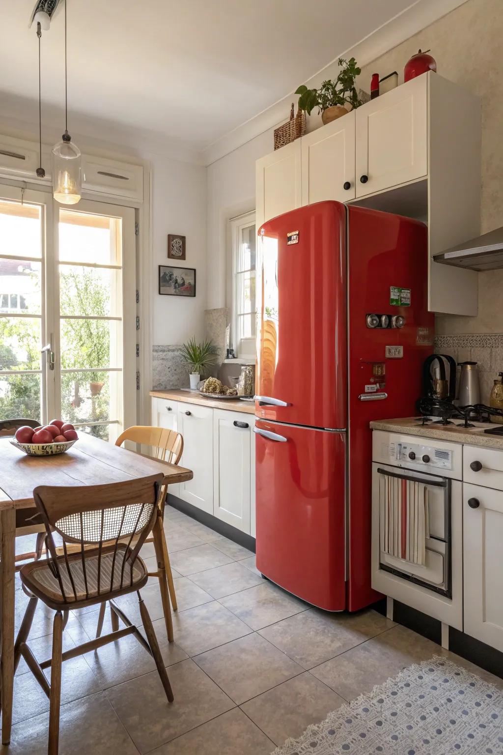 A kitchen showcasing a brightly-colored refrigerator that adds a burst of personality.