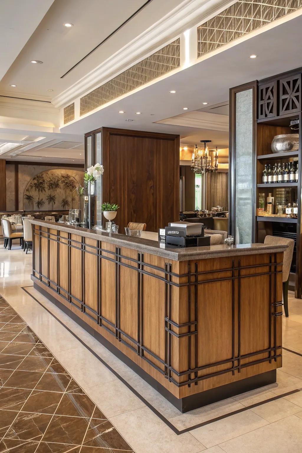 An aesthetic fusion crafts a versatile and enduring greeting counter.