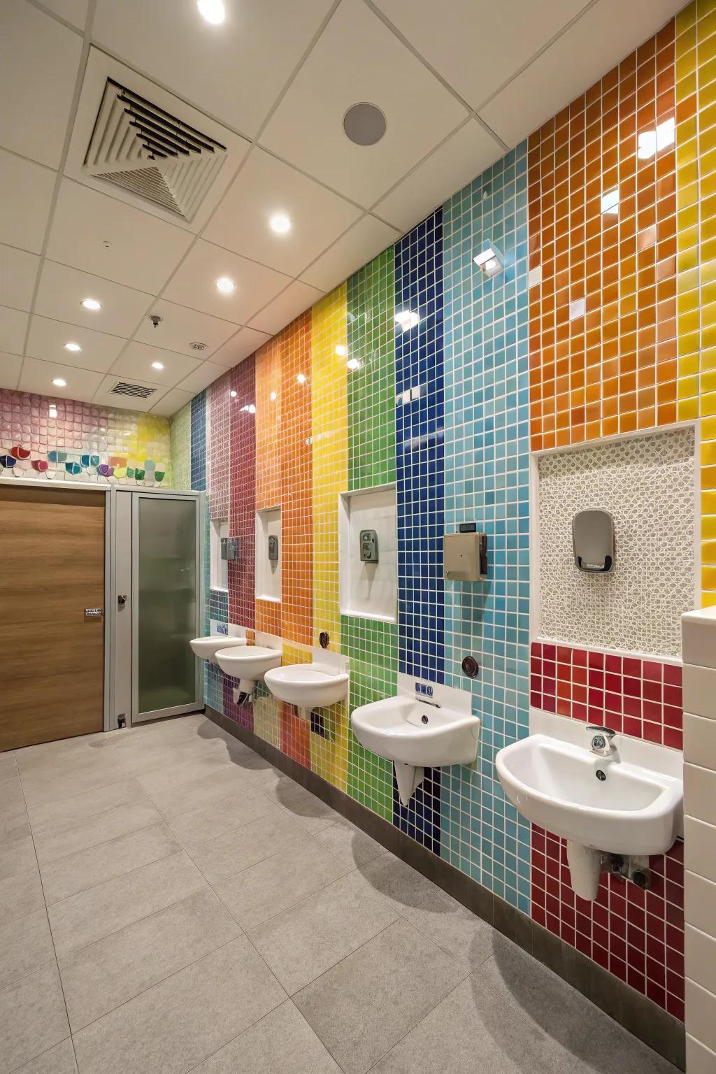 Artistic tiles add personality and interest to this restroom.