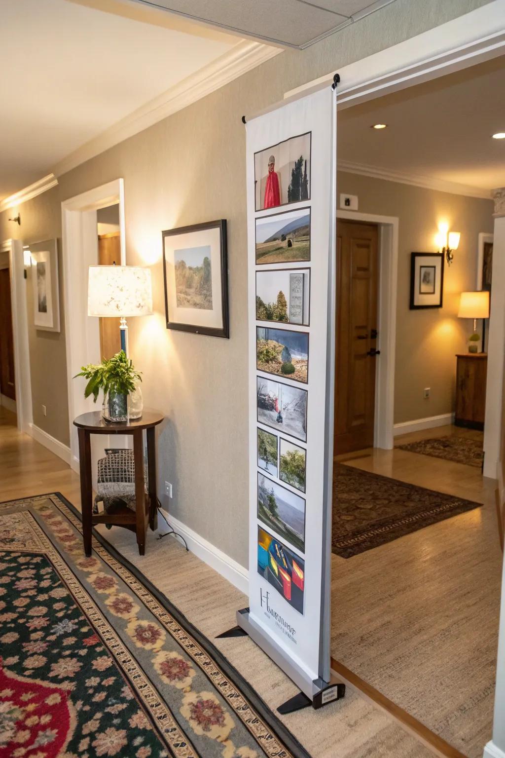With a creative banner, turn a narrow hallway into a miniature art gallery.