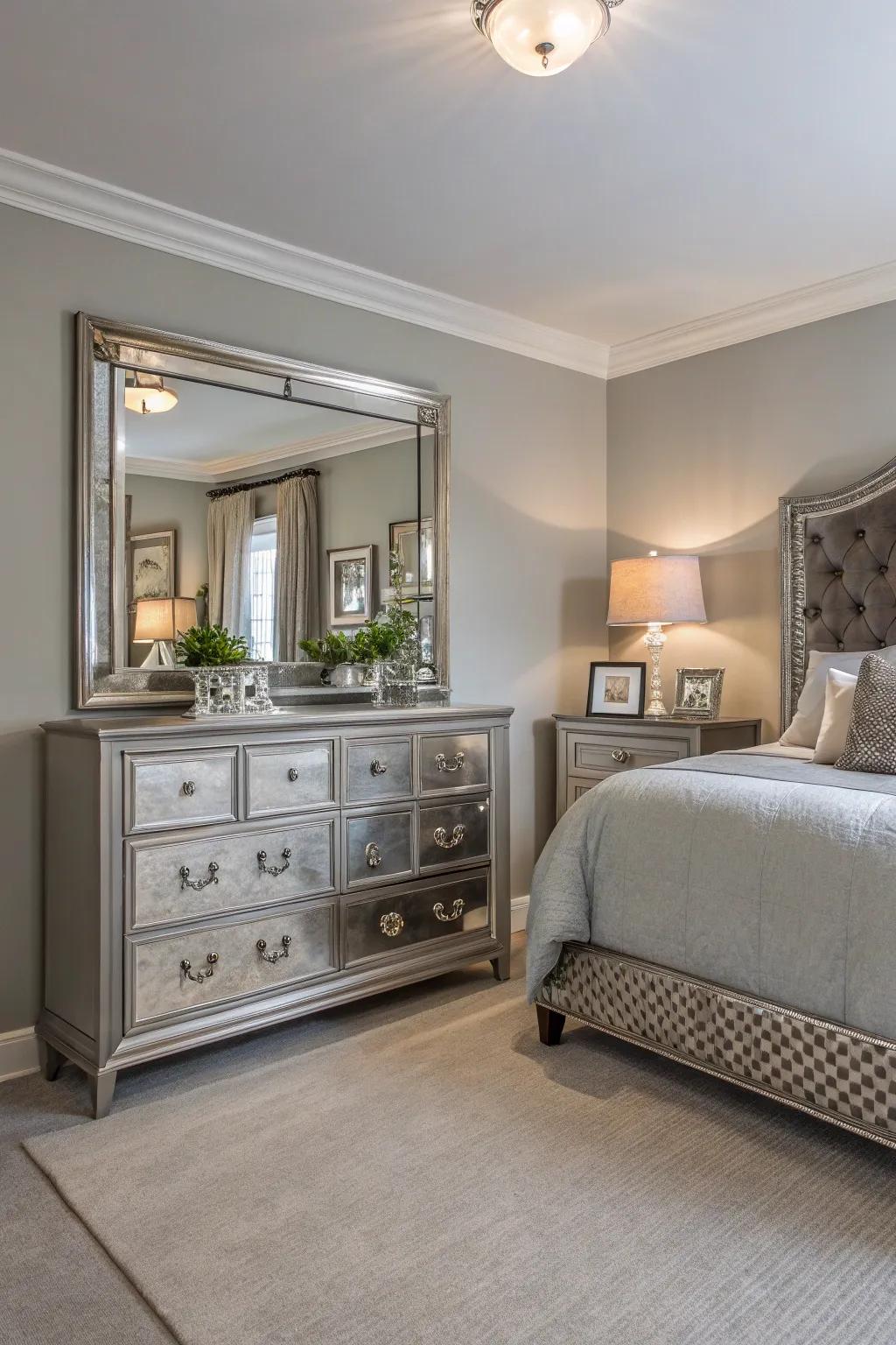Mirrored features add style and light to a Gentle Gray bedroom.