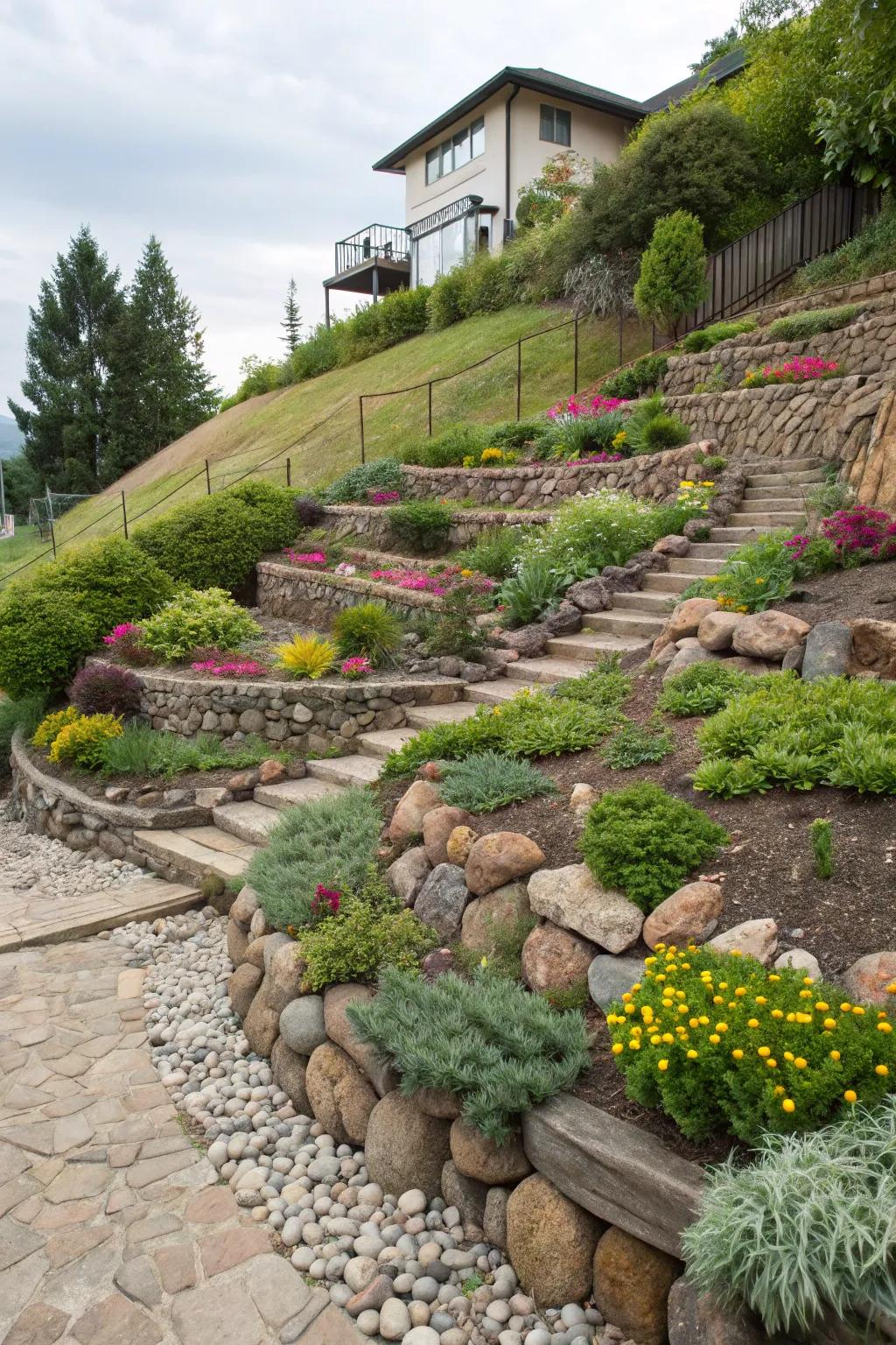 Enhance sloped gardens with terraced smooth pebble designs.