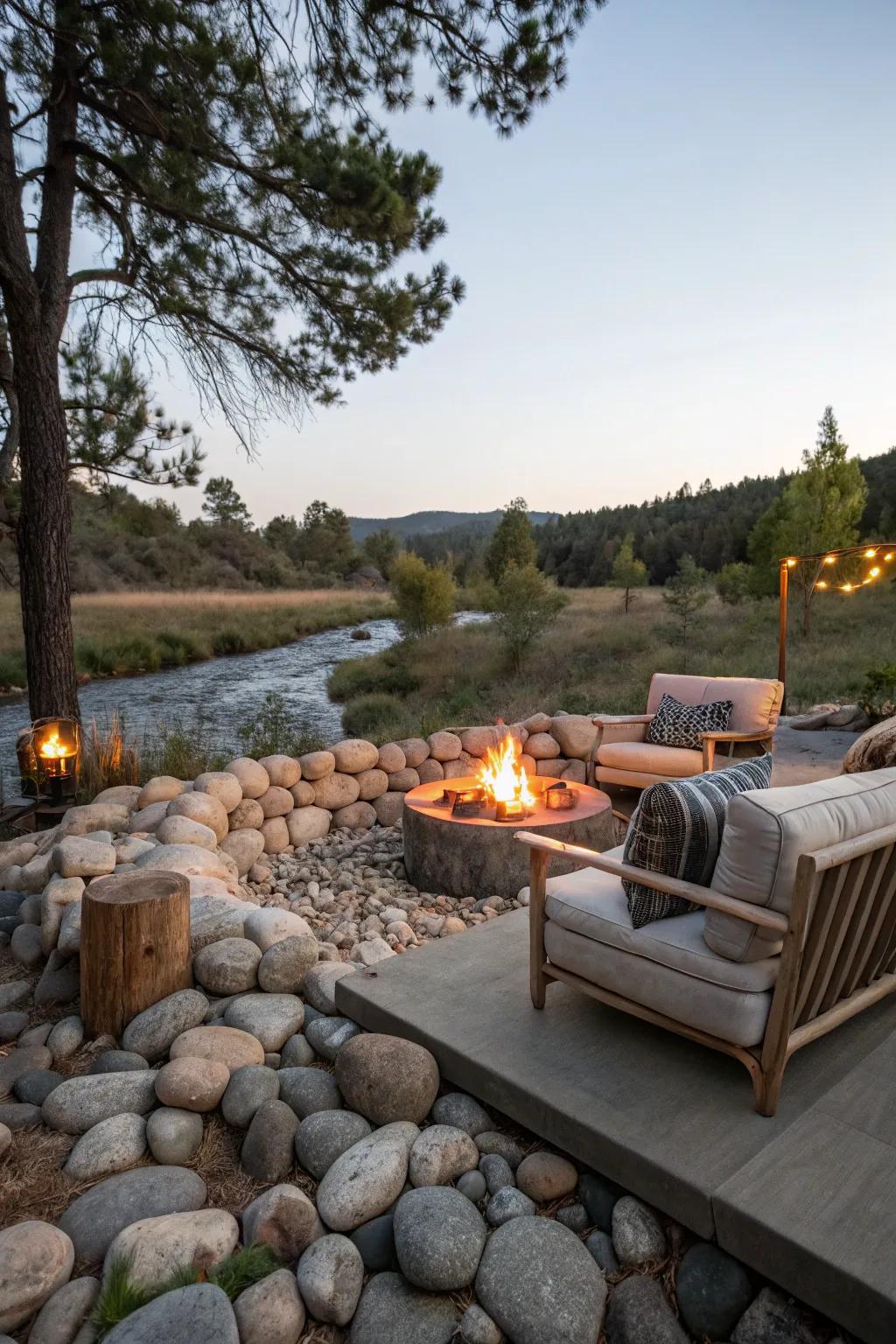 A river rock surround adds rustic charm and safety to this inviting fire pit area.