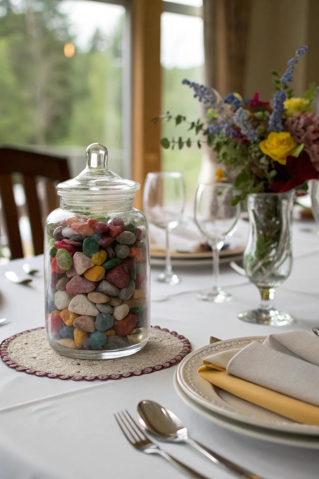 A crystal container brimming with stones as a sophisticated centerpiece