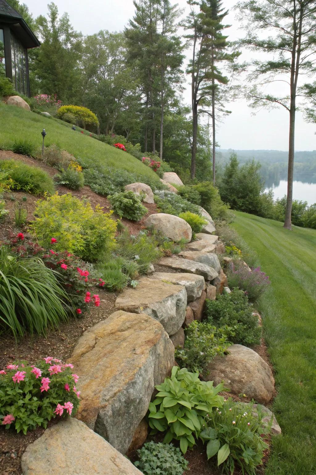 Large stones used effectively for soil loss control on a garden slope.