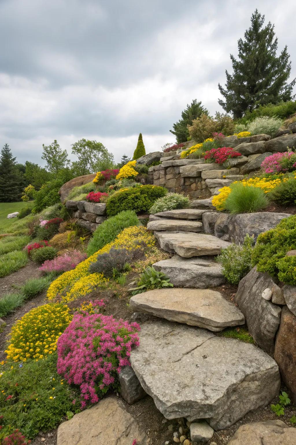Tiered rock garden reshaping a slope into a pretty focal point.