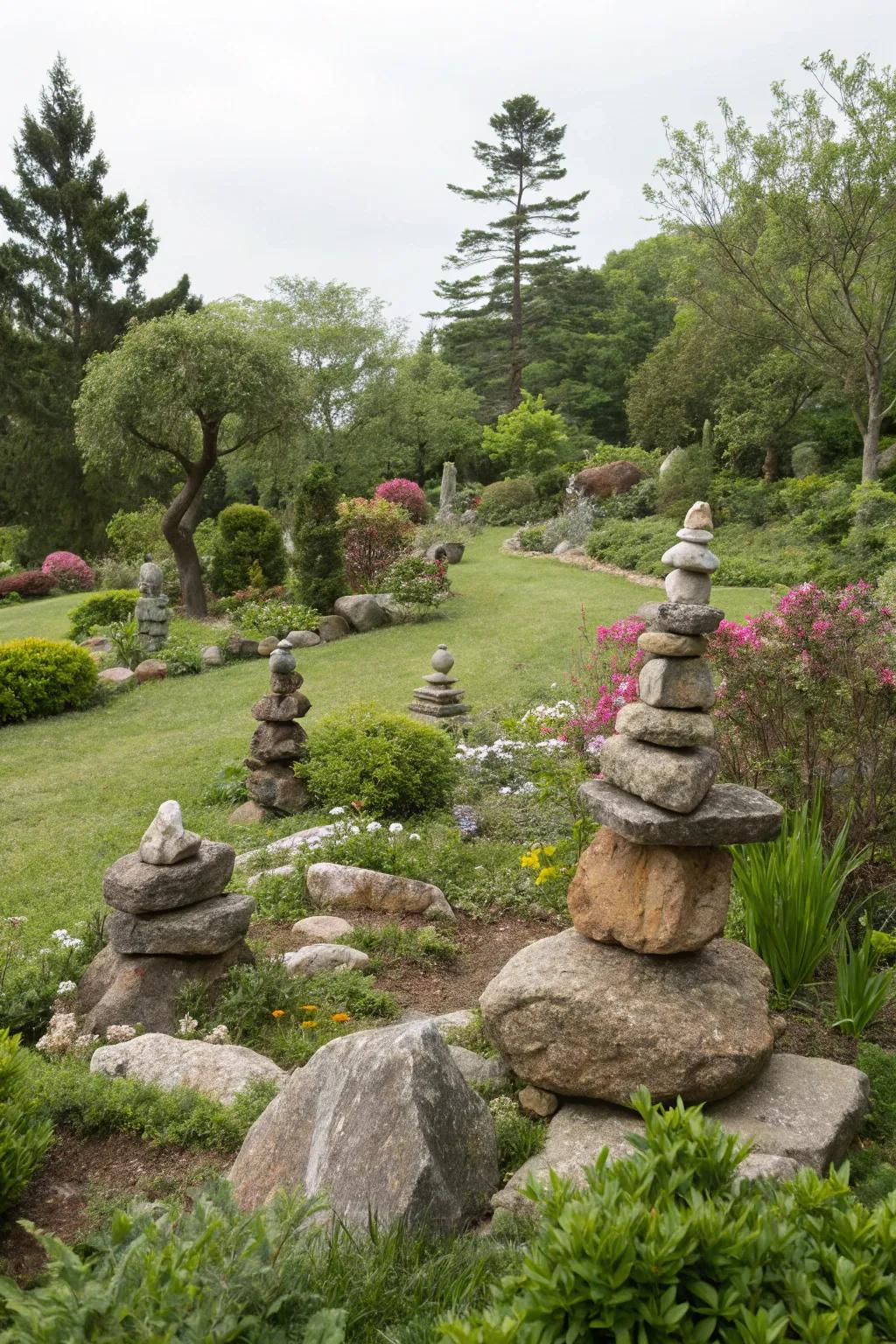 Shaped stone formations add an artistic flair to the landscape.