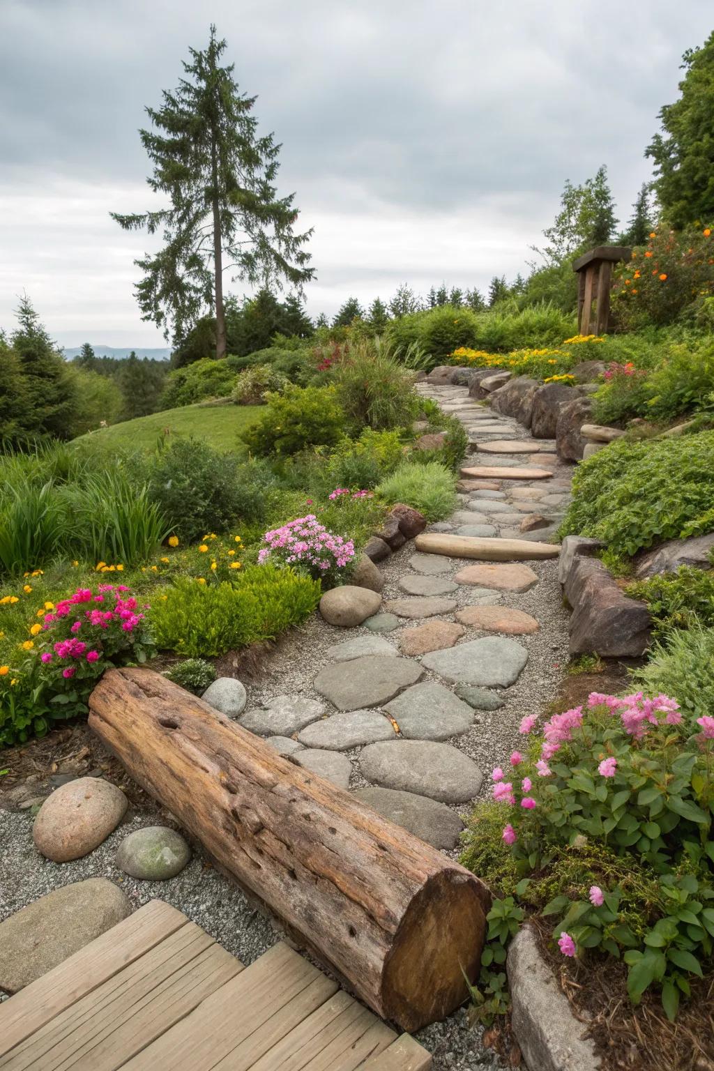 The fusion of timber and stone begets a warm, welcoming trail.