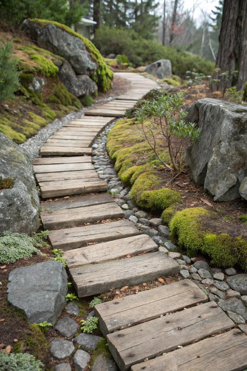 Lumber planks adjacent to stones impart an unrefined charm to walkways.