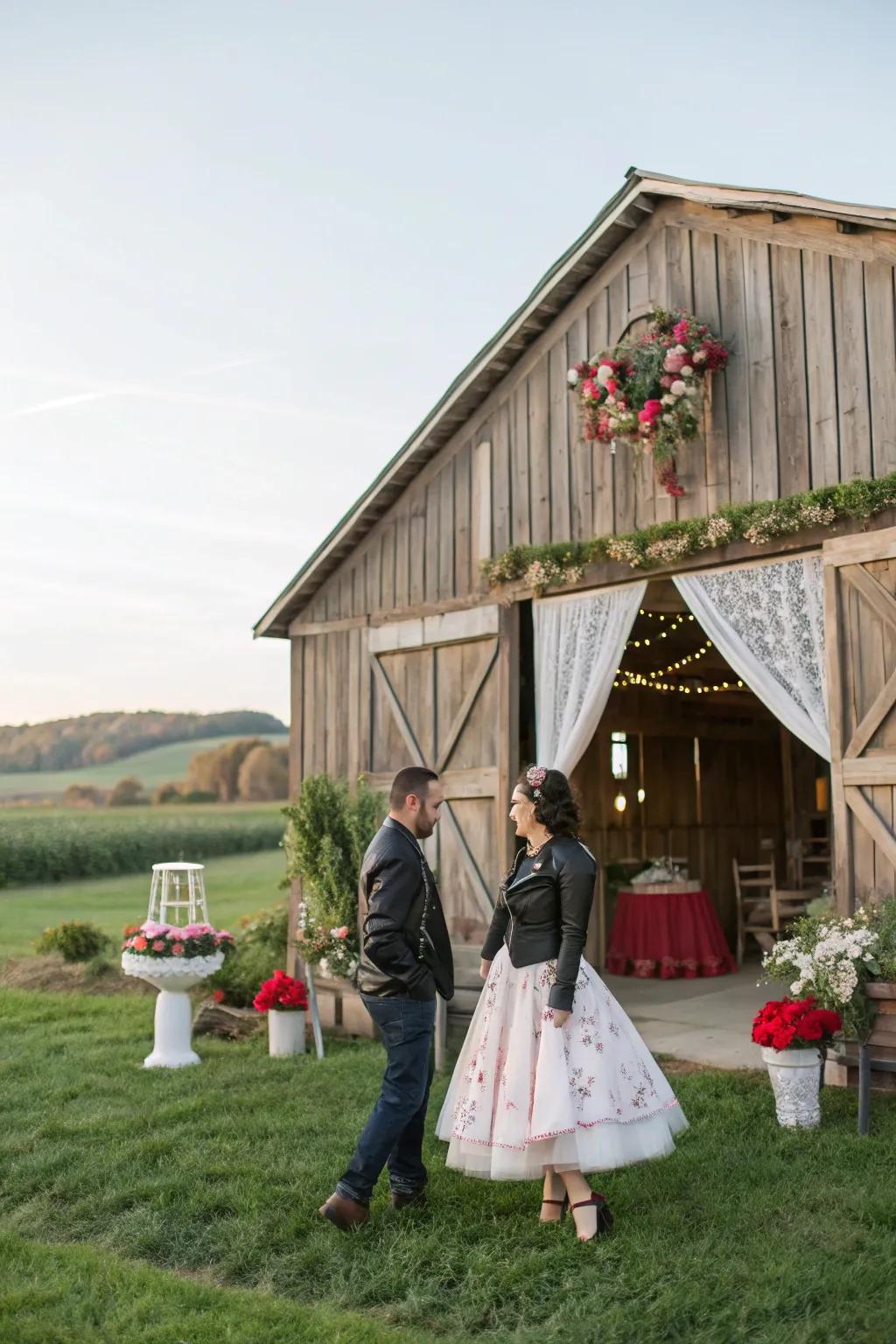 A rustic venue offers a perfect backdrop for a rockabilly wedding.