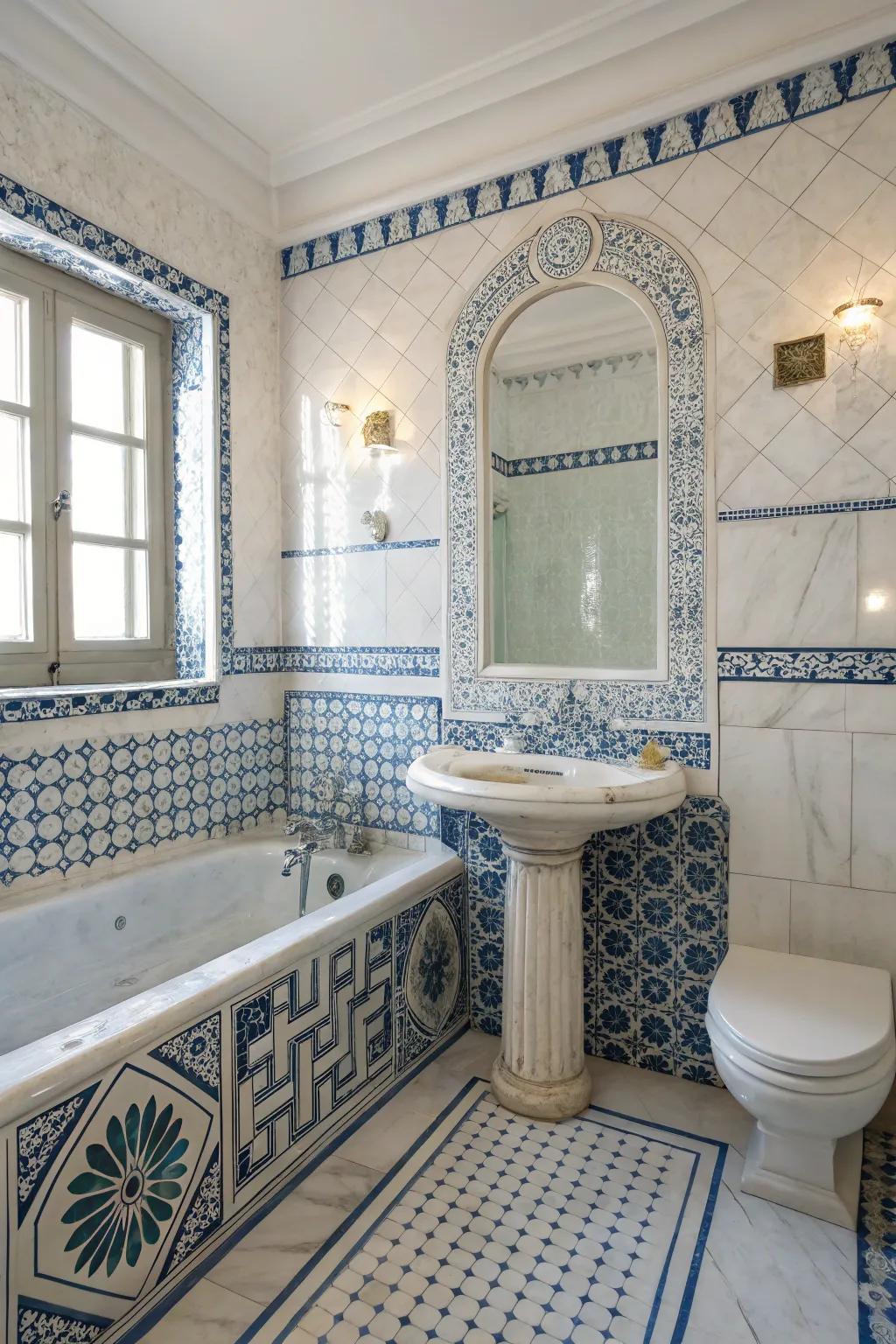 Differing tiles create a statement in this attractive bath.