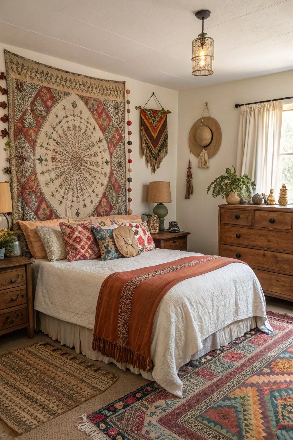 Eclectic accents introduce a bohemian vibe.