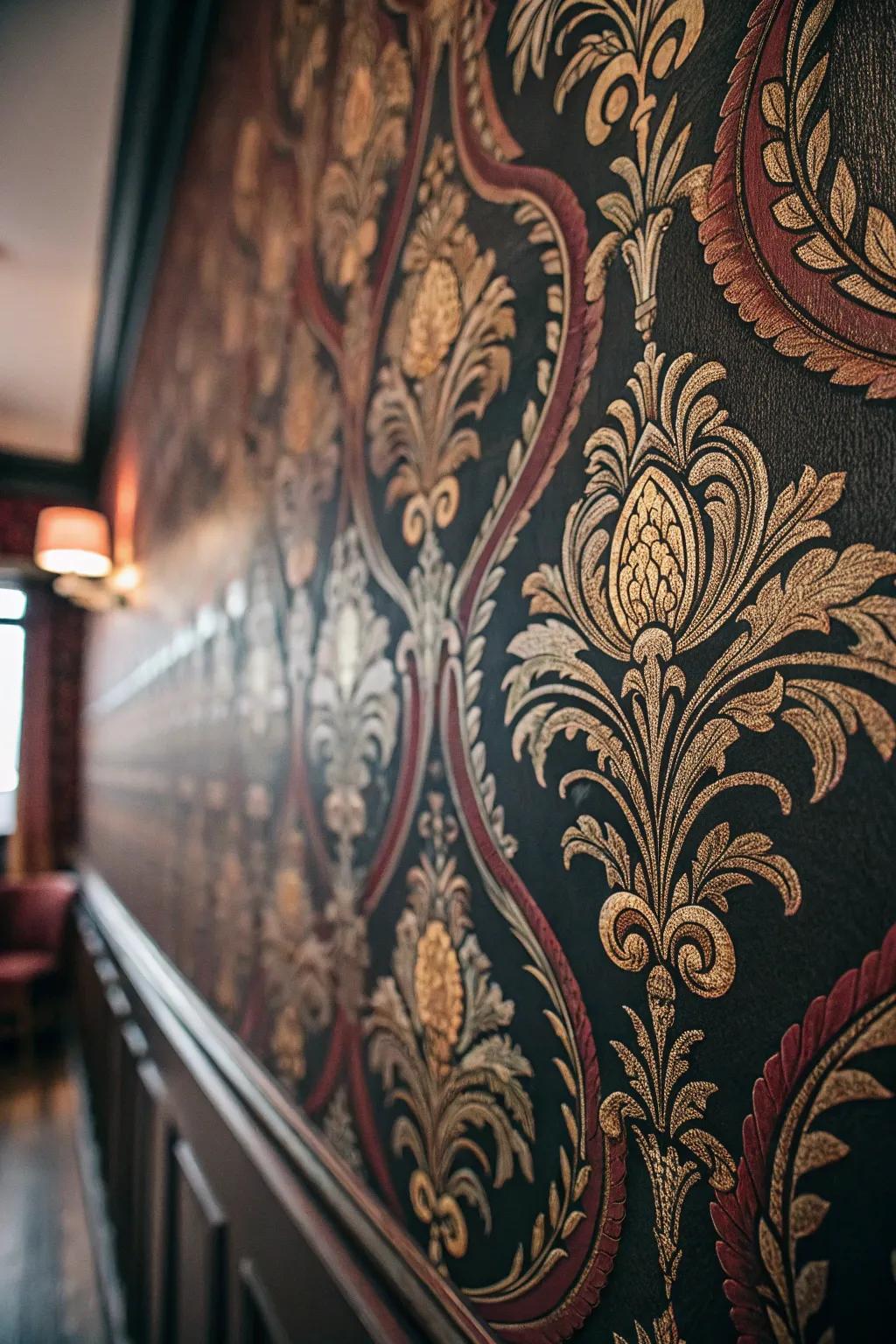 Ornate wallpapers append depth and Victorian charm to the boudoir décor.