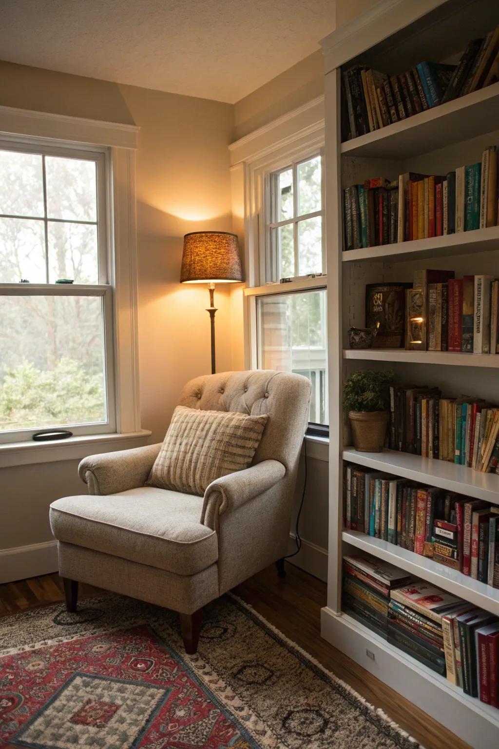 A cozy reading nook transforms unused space into a personal retreat.