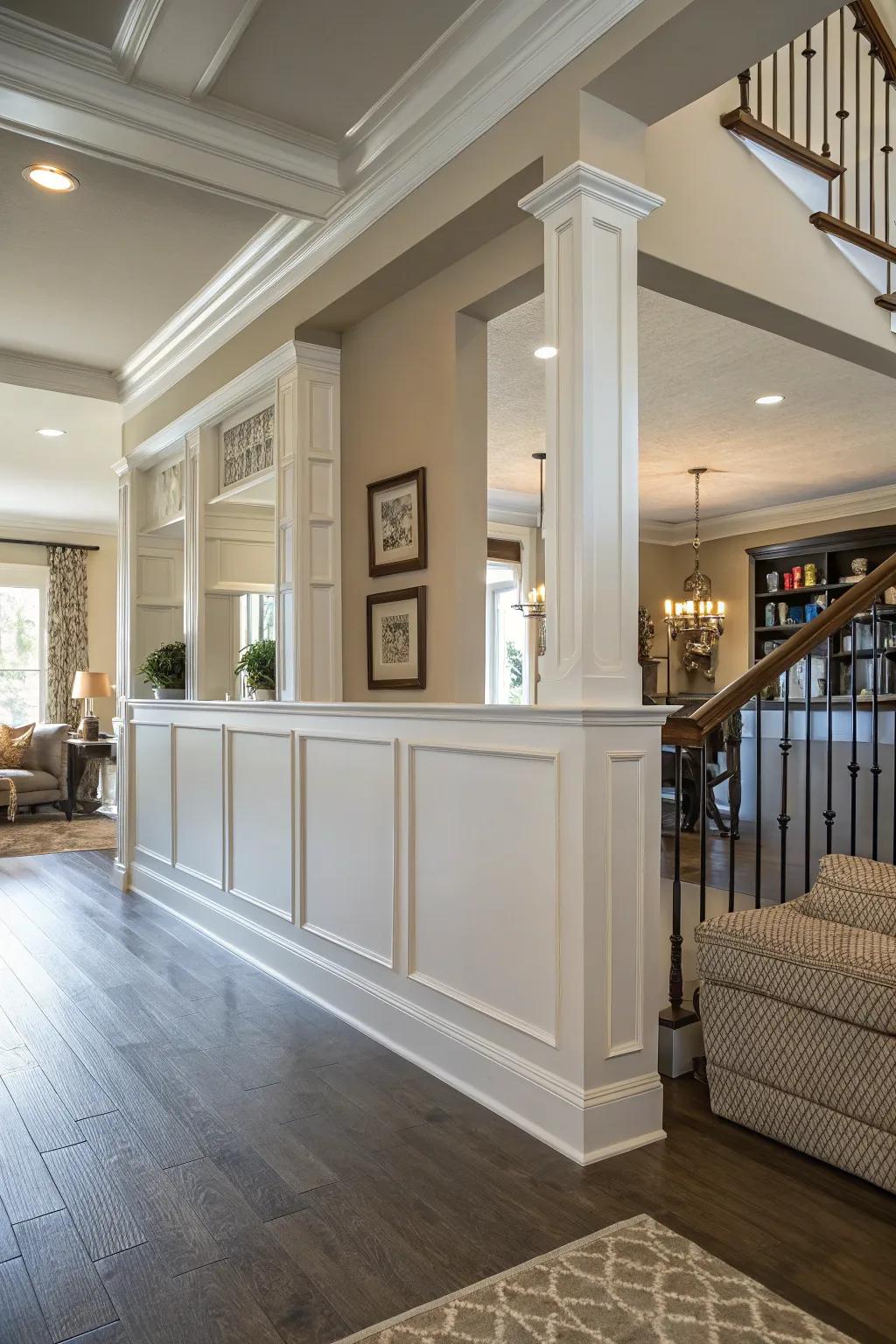 An interior space with a half wall of varied elevations, introducing visual dimension.