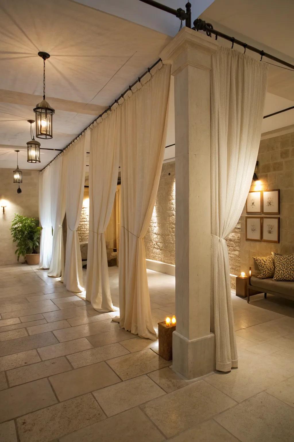 Flax textile dividers add delicate elegance to your area.