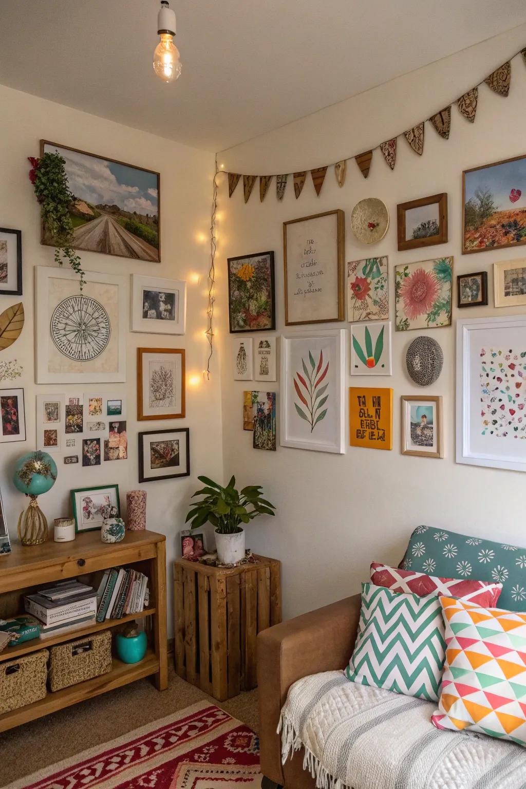 A room with a personal touch, displaying various art pieces and decorations that reflect individual style.
