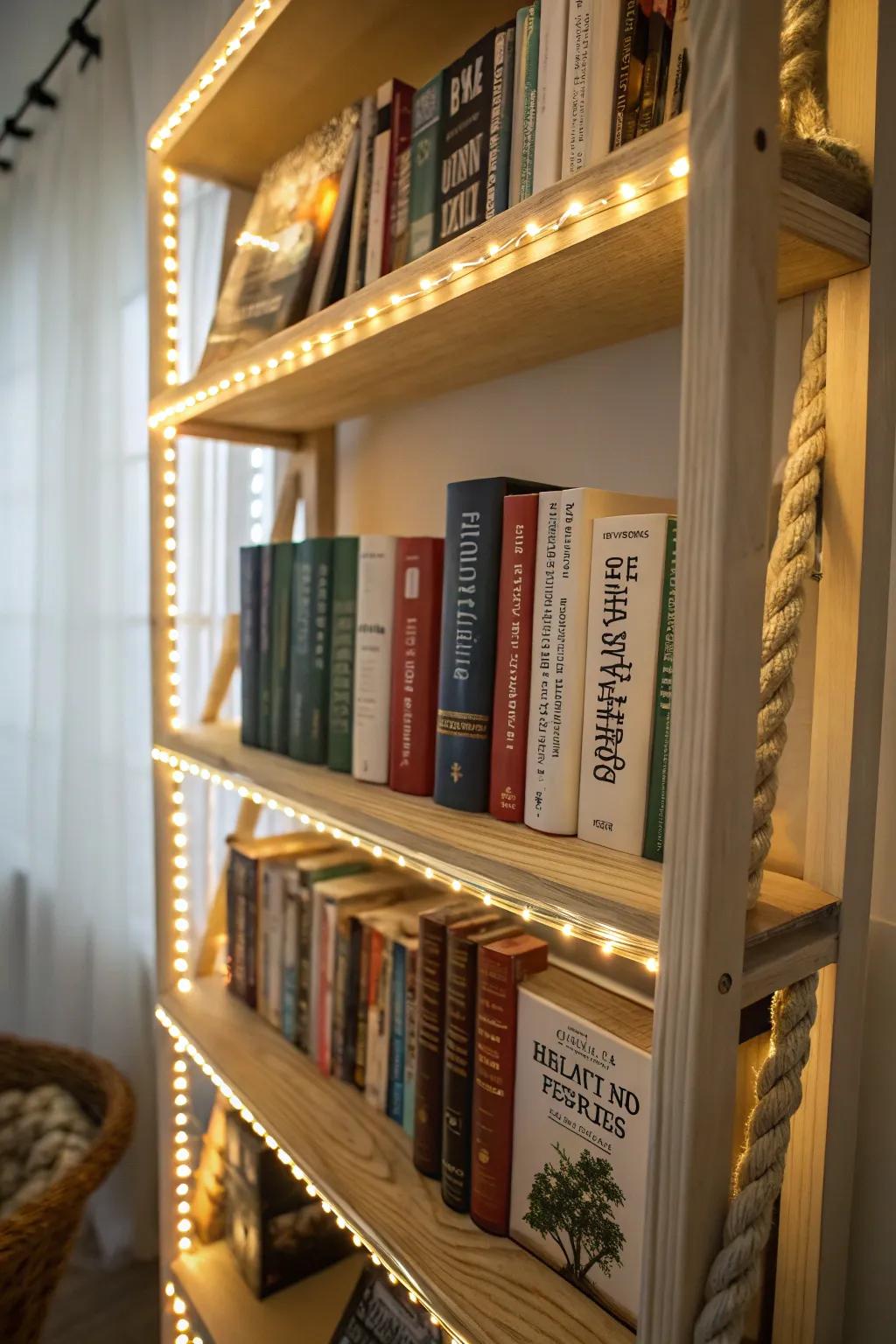 Make your bookshelves shine with ribbon lights.