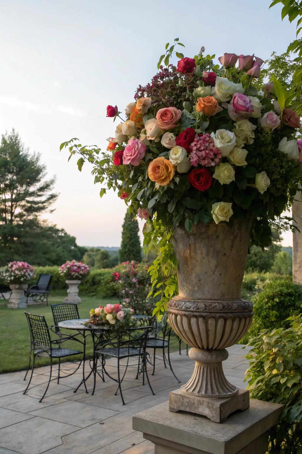 Garden soiree opulence materializes from an expansive vase abundant with assorted roses.