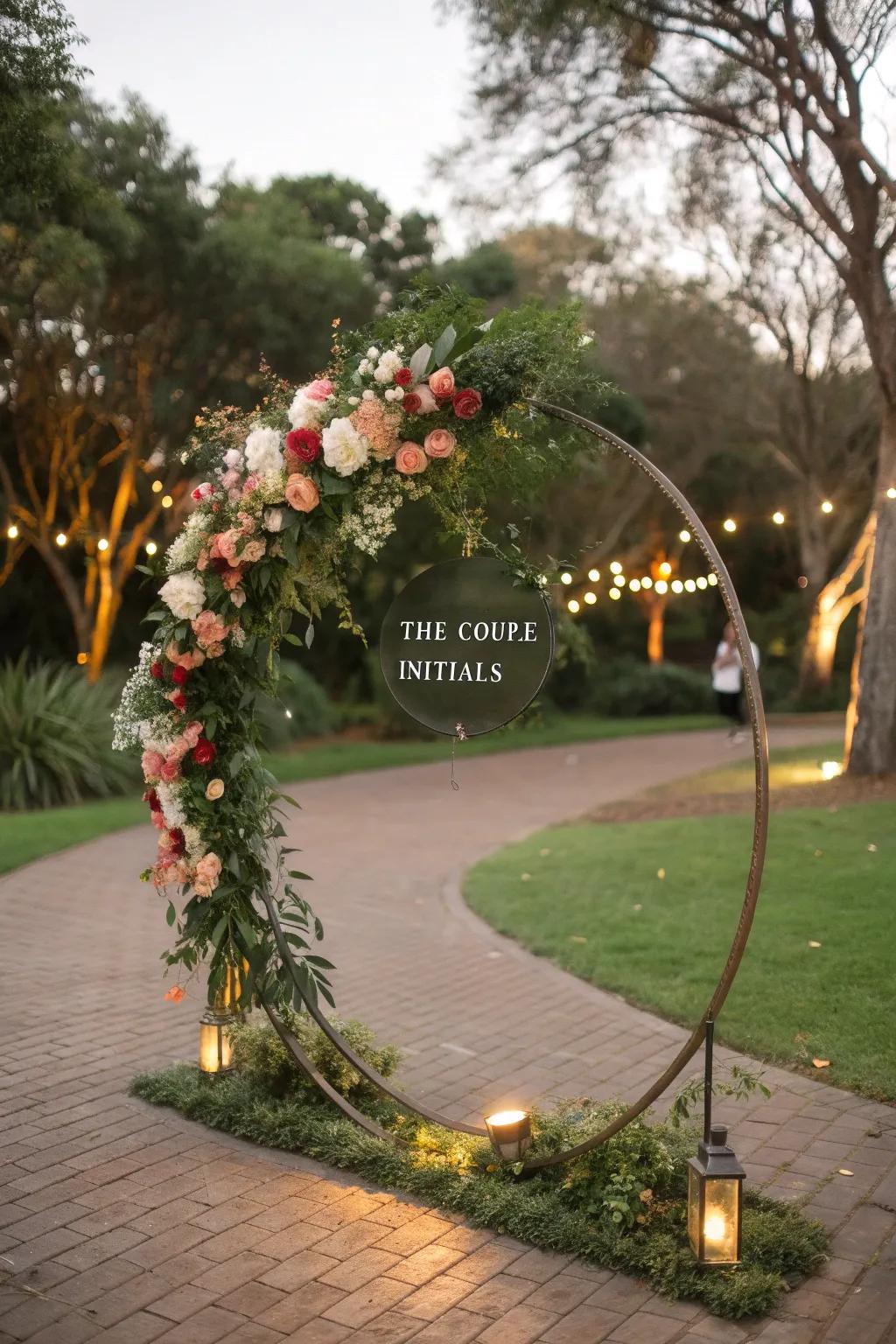 A personalized circular wedding arch showcasing couple's initials.
