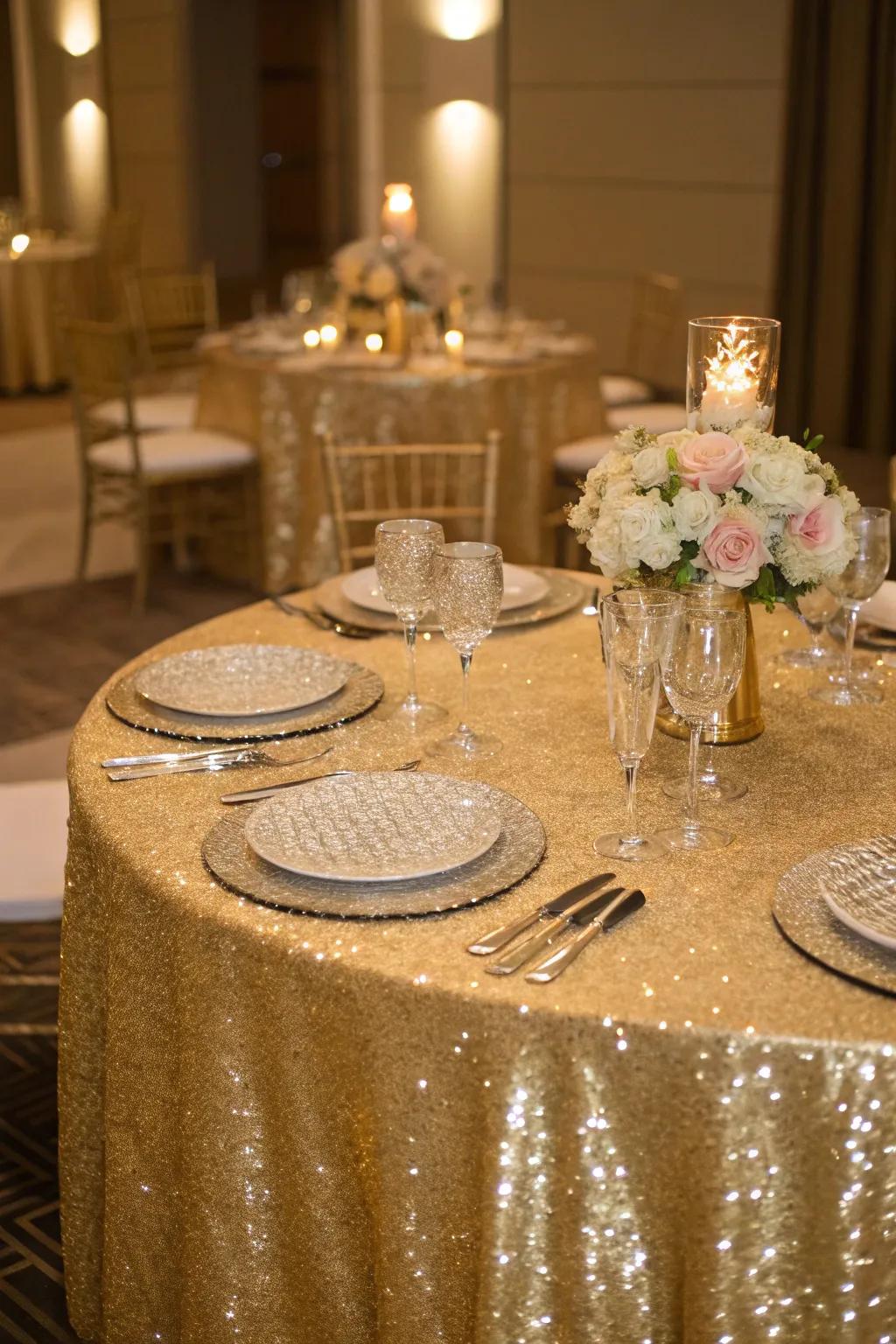 Opulent gilded table covering for a glamorous wedding reception.