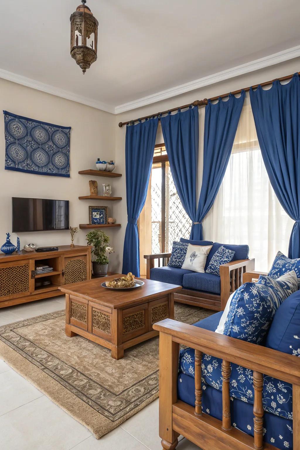 Natural wood elements soften and complement the regal tones of royal blue.