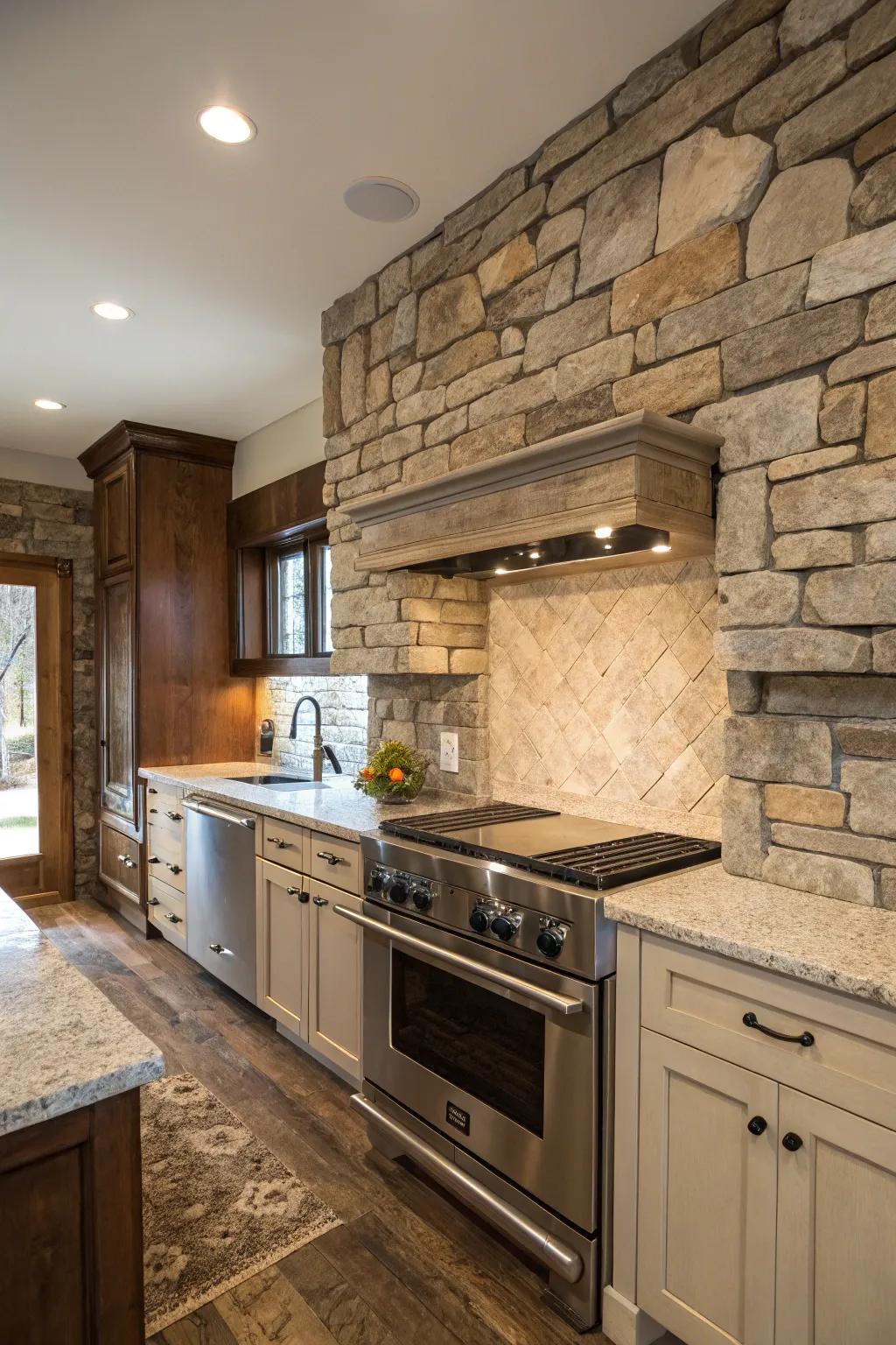 The blend of rustic and modern elements creates a balanced kitchen look.