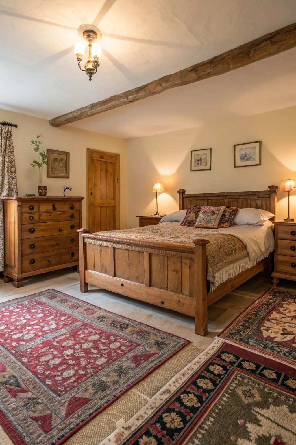 Timeworn floor coverings impart warmth and character to the space.