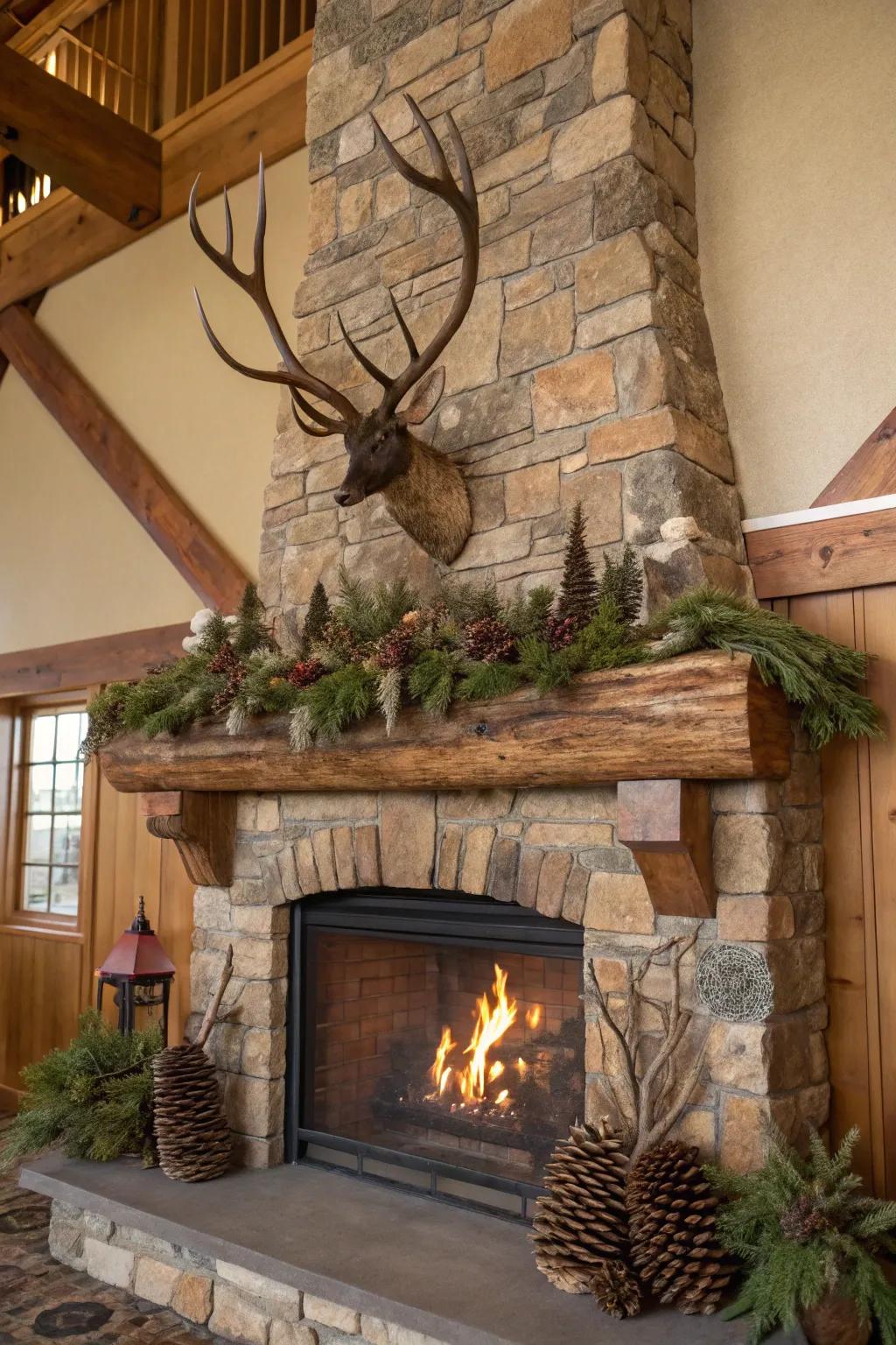 A hearth adorned with decorative antlers for a country touch.