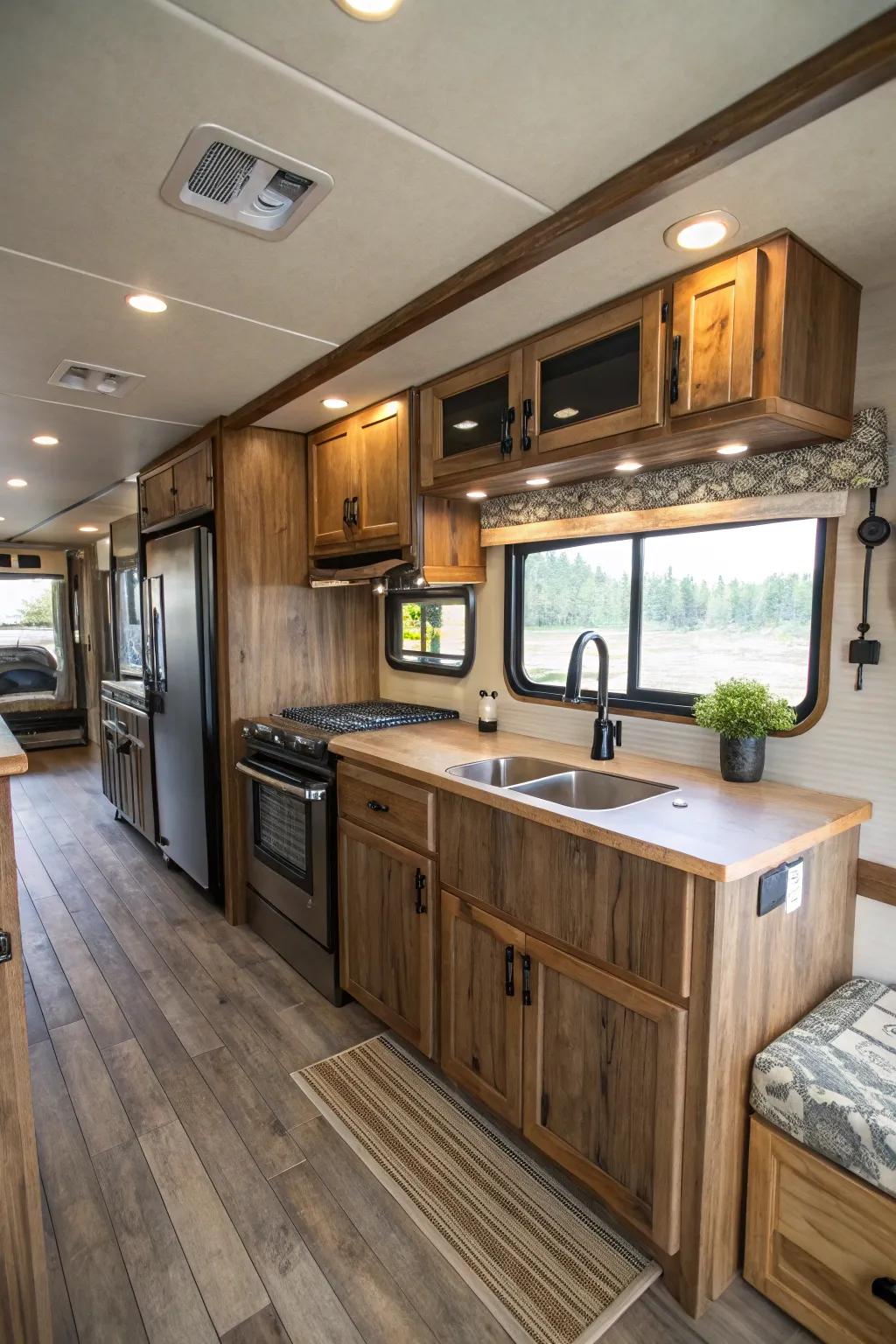 A refined mini-kitchen shapes the core of a country-style mobile home.