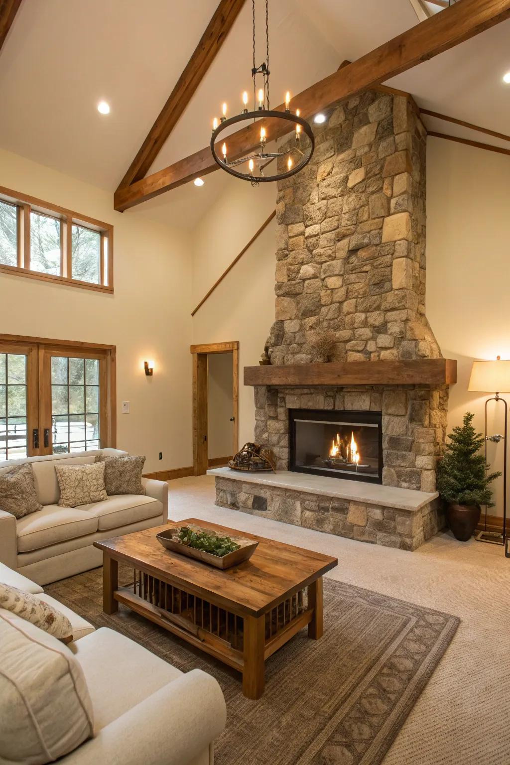 An open space highlights the rustic elegance of this fireplace.