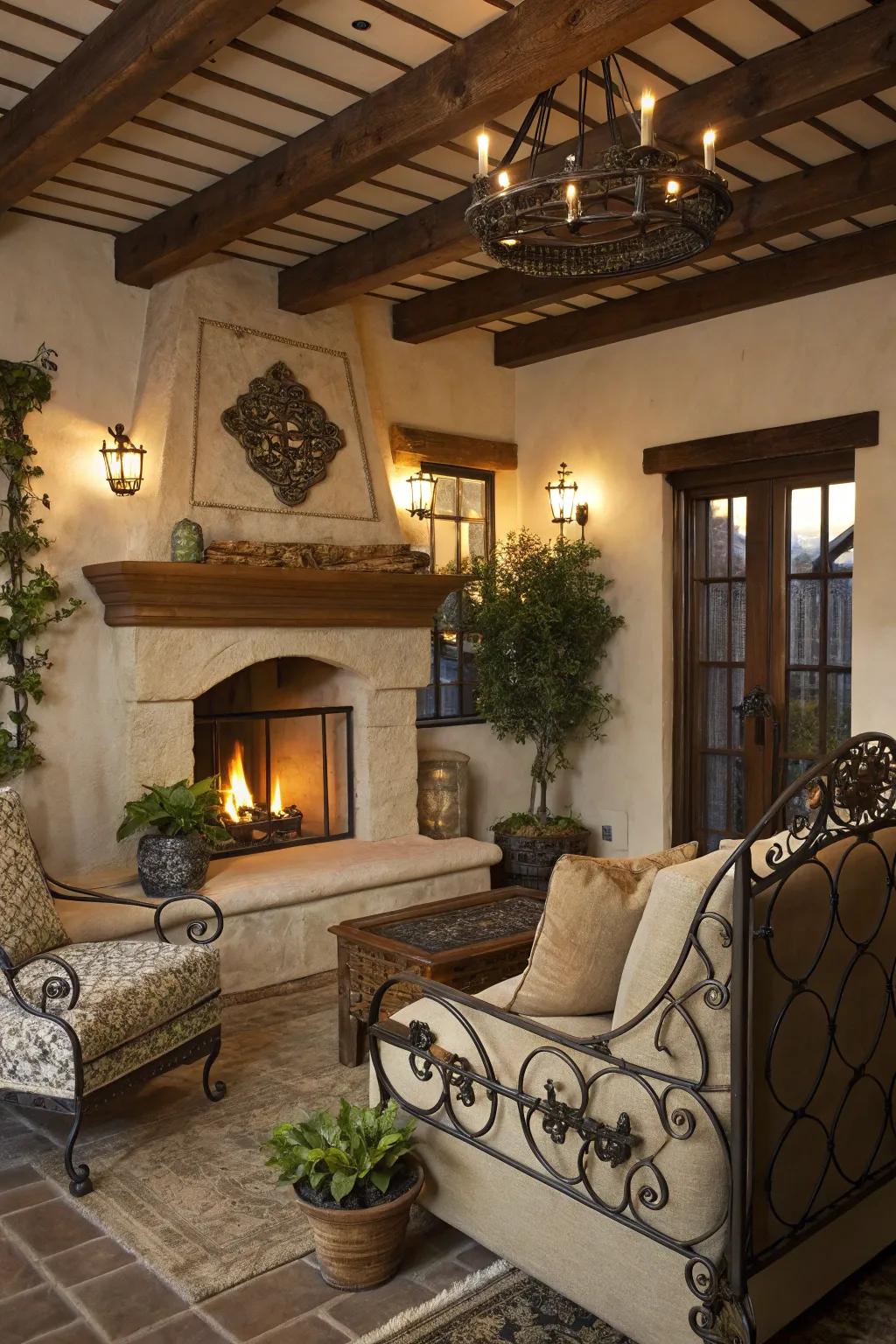 Wrought iron adds rustic elegance and contrast to living room spaces.